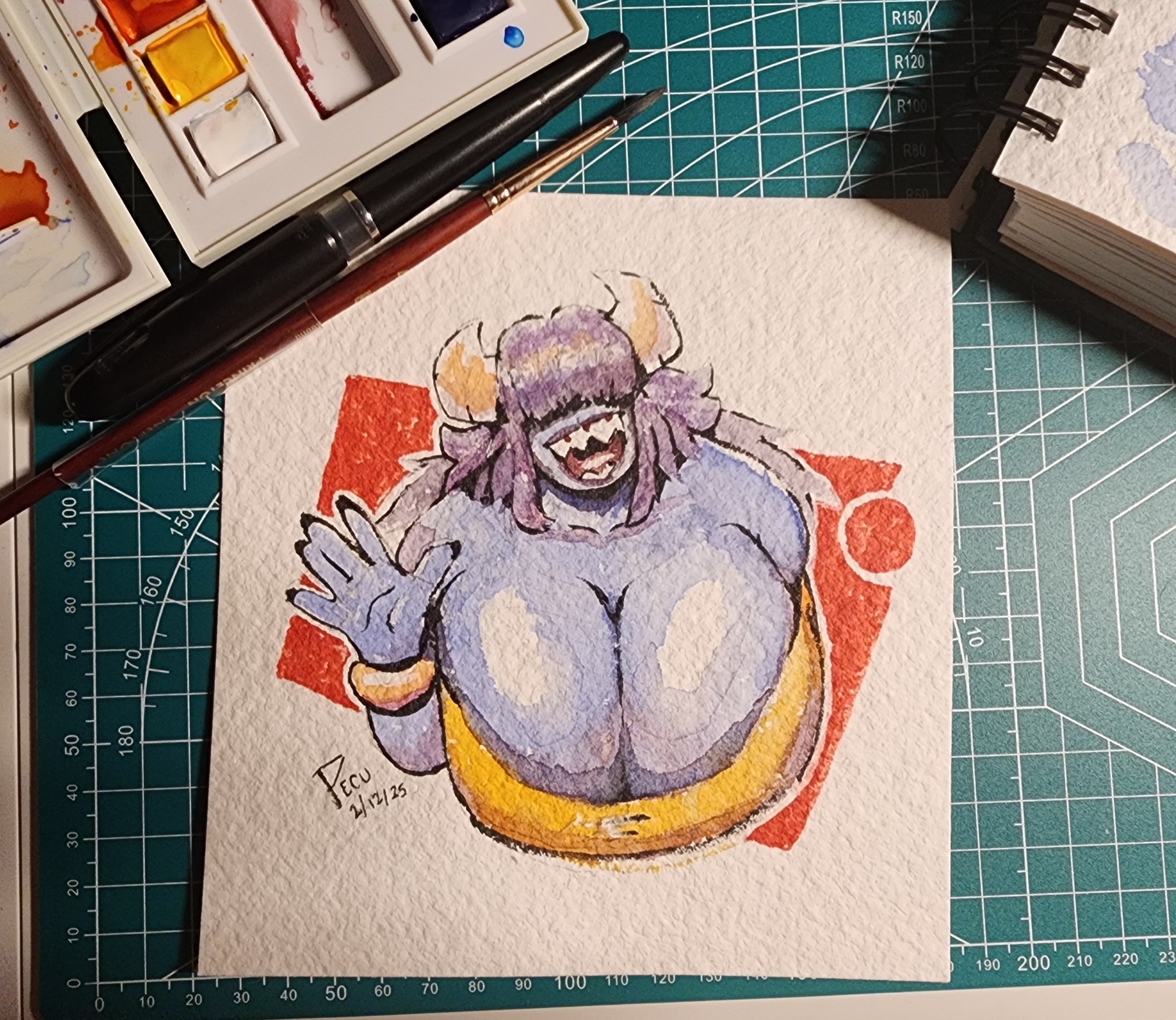 bangs, bangs over eyes, big breasts, breasts, busty female, cleavage, dandy demons, female, huge breasts, large breasts, mature female, milf, peculiart, photo, sharp teeth, smile, sue (peculiart), top heavy, top heavy breasts, traditional art, traditional media (artwork)