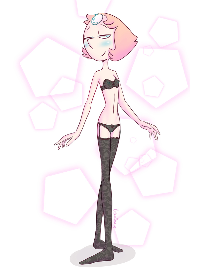 artist name, blue eyes, blush, bra, cubedcoconut, female, gem, gem (species), half-closed eyes, lingerie, navel, panties, pantyhose, pearl (steven universe), pink hair, see-through bra, see-through panties, short hair, skinny, smile, solo, steven universe, strapless bra, strawberry blonde hair, white skin