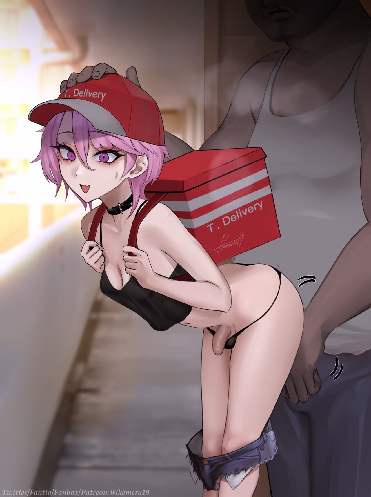 1boy 1futa ass_cleavage butt_crack dark-skinned_male delivery delivery_(commerce) delivery_girl dickgirl futanari head_on_hand hi_res highres ikemeru19 light-skinned_futanari light_skin original original_character panties pink_eyes pink_hair ria_(ikemeru19) shorts small_penis smile uncensored