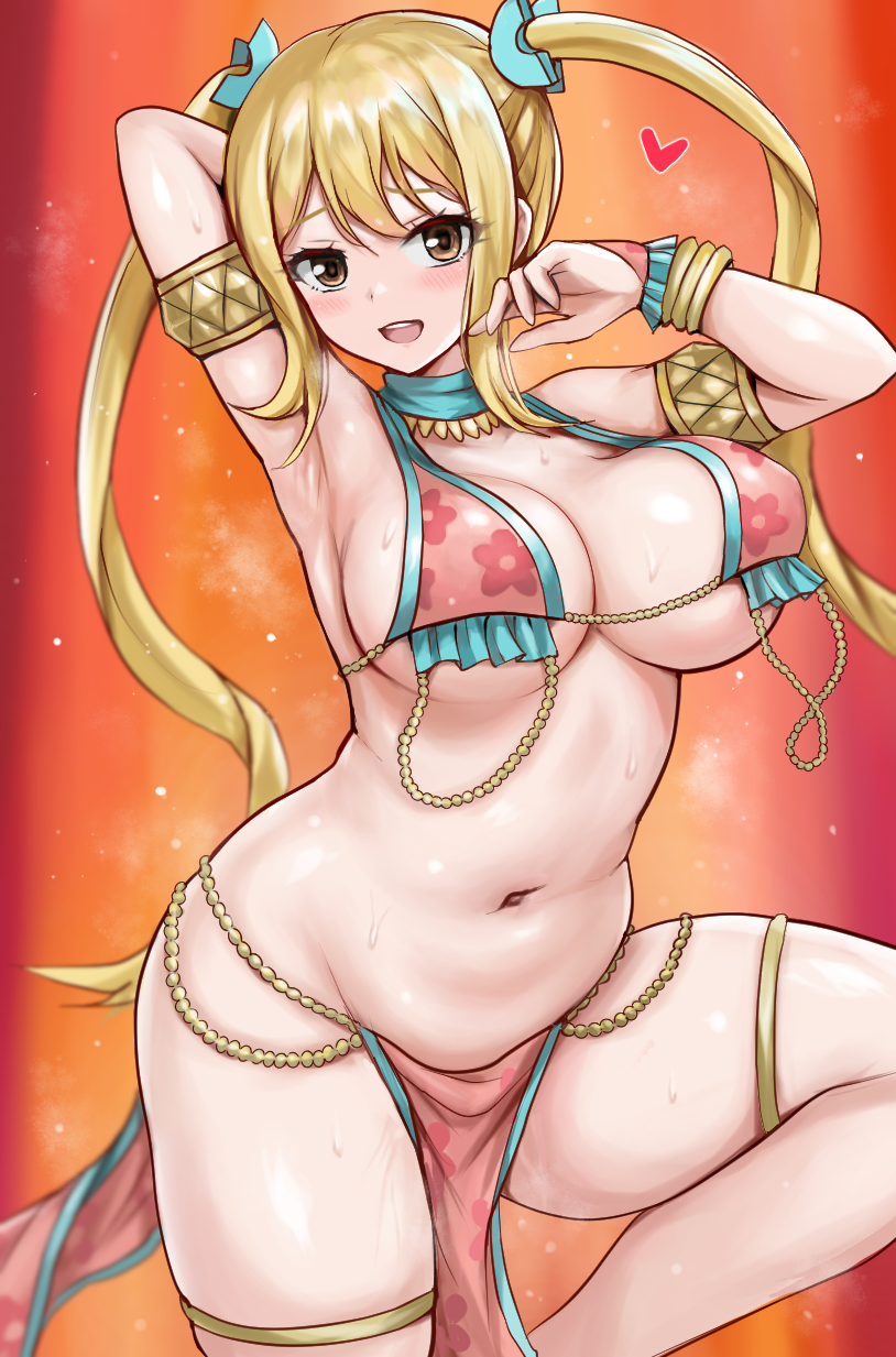 bare_shoulders blonde_hair breasts brown_eyes cleavage dancer fairy_tail female gold_trim harem_outfit highres jewelry large_breasts long_hair looking_at_viewer lucy_heartfilia navel open_mouth r-binon smile solo