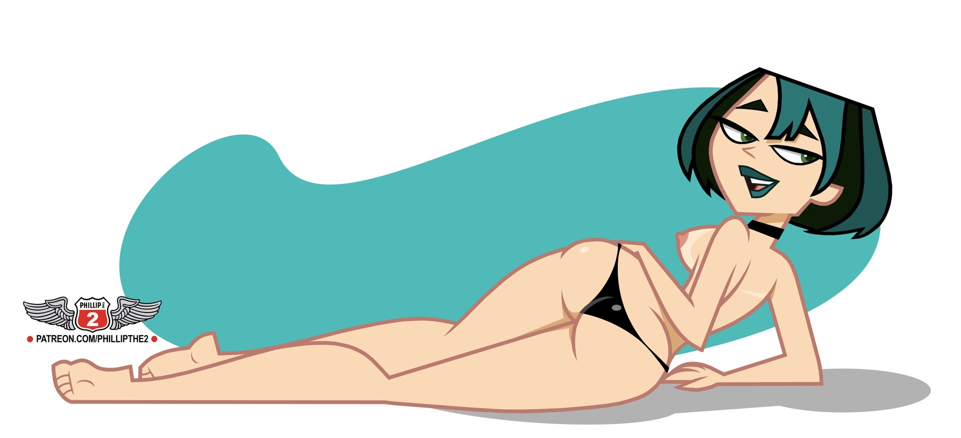 1girls, ass, ass focus, barefoot, bikini bottom, black bikini bottom, blue background, cartoon network, feet, female, female only, green eyes, gwen (tdi), lying on side, nipples, phillipthe2, short hair, solo, solo female, solo only, topless, topless female, total drama island, two-tone hair, white background