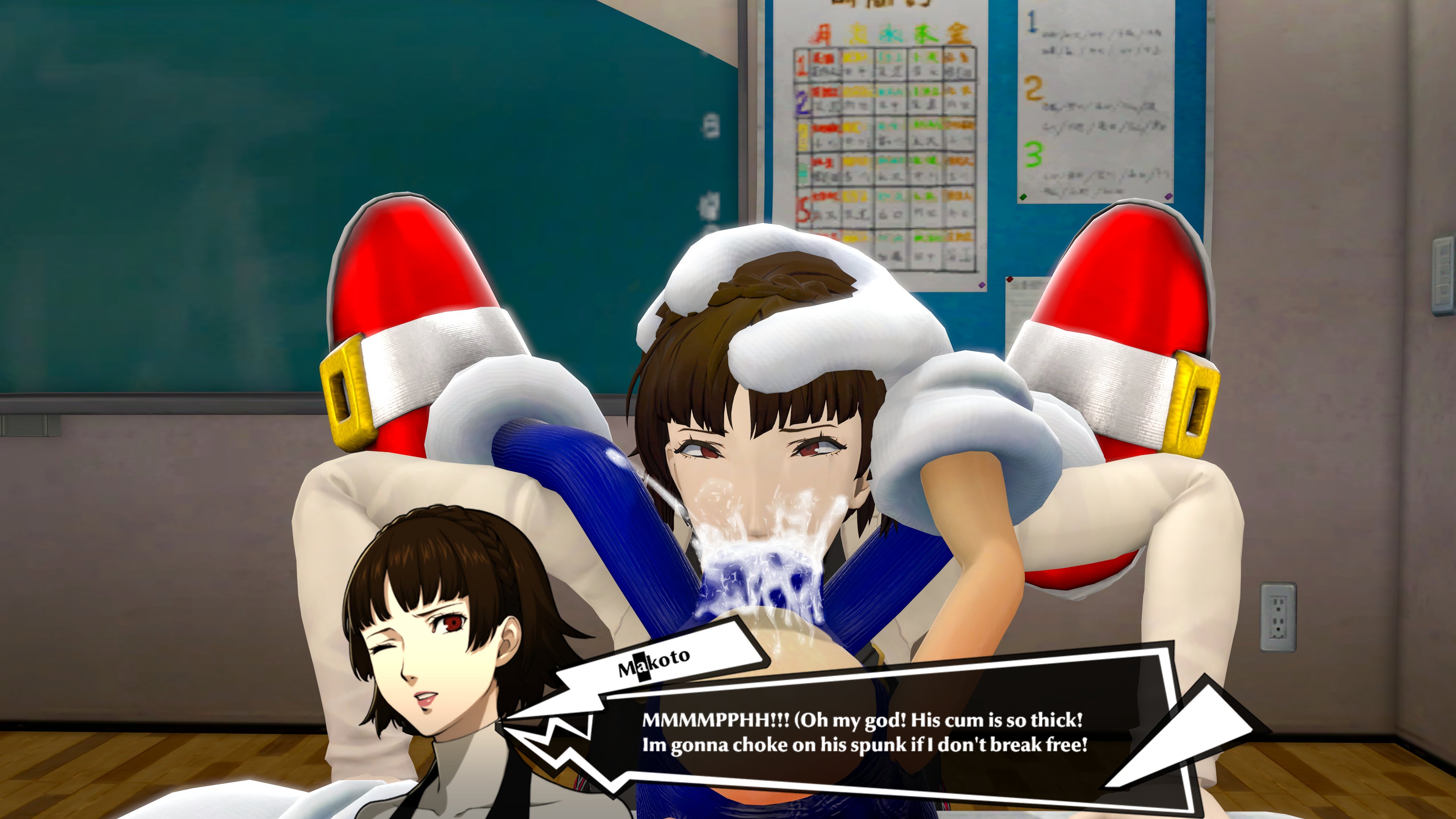 1boy, 1girls, big breasts, blowjob, blue penis, breasts, crossover, cum in mouth, female, forced blowjob, hand on head, huge cock, makoto niijima, male, overflow, penis, persona, persona 5, sonic (series), sonic the hedgehog, text, text bubble, theboobedone