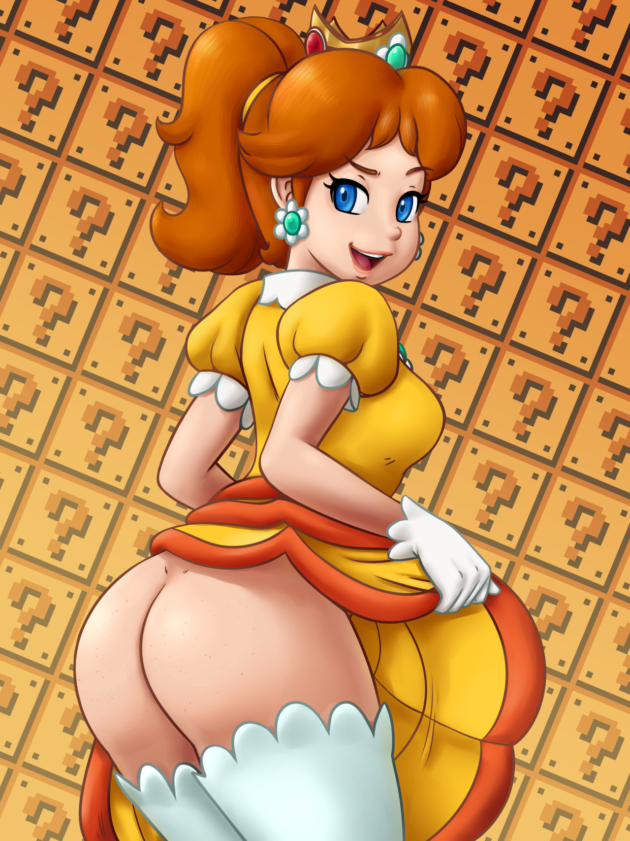 ? block, 1girls, ass, back view, bare ass, big ass, big butt, bimbo, blue eyes, brown hair, clothing, crown, dress, dress lift, earrings, female, female only, from behind, gloves, gradient background, lifted by self, looking at viewer, looking back, mario (series), mooning, nintendo, no panties, no underwear, open mouth, ponytail, presenting, princess daisy, revtilian, skirt lift, smile, solo, soubriquetrouge, standing, super mario bros., teeth, thighhighs, tied hair