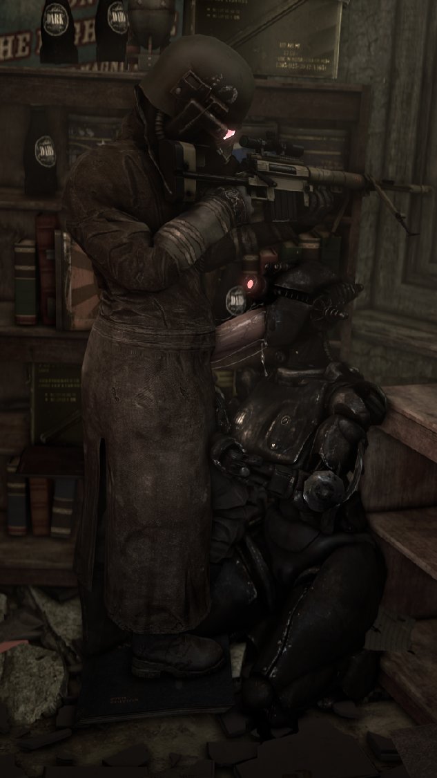 1boy, 1girls, 3d, assaultron, breasts, coat, cum, fallout, fallout 4, fellatio, female, helmet, human, human/robot, kneeling, male, no artist signature, no source, oral, penis, robot, standing, straight, veins, veiny penis, weapon, wet