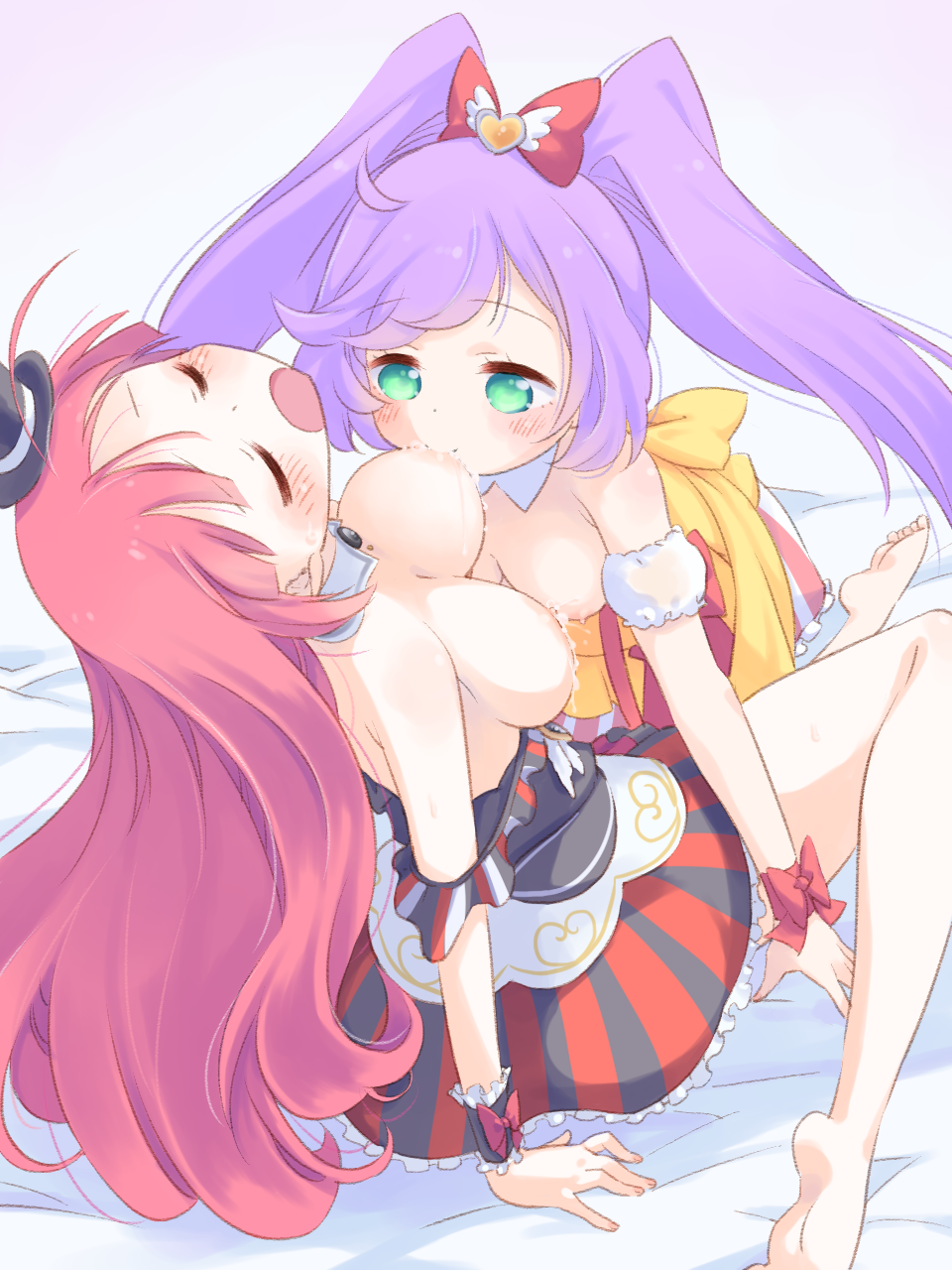 2girls aqua_eyes breast_sucking breasts houjou_sophie long_hair manaka_lala multiple_girls nipples pripara purple_hair red_hair takano_natsuki yuri