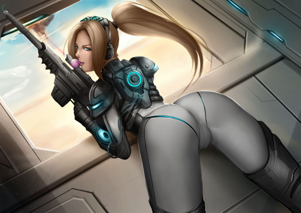 ass back_view blowing_bubblegum blue_eyes bubble_gum cameltoe dat_ass dutch_angle felox08 looking_at_viewer nova_(starcraft) november_terra presenting solo starcraft