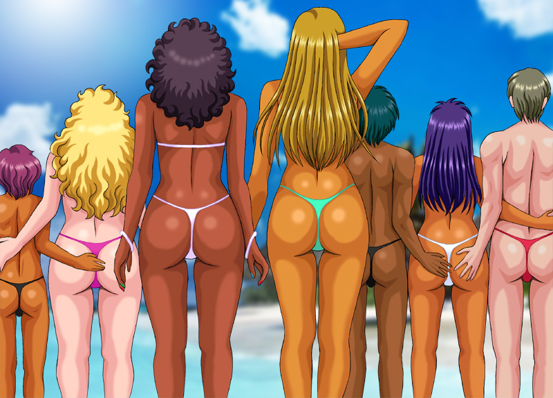 3boys 4girls ass ass_grab bikini black_hair blonde_hair bracelets brown_hair clouds dark_skin hand_behind_head hand_on_another's_back hand_on_ass hand_on_back nail_polish ocean original pixiv purple_hair silegy standing tan_skin teal_hair thong yoshizawa_yuuri