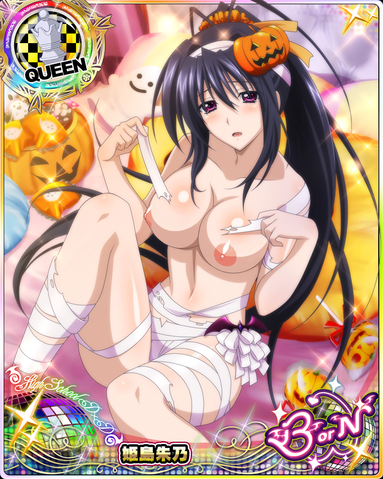 akeno himejima, black hair, breasts, breasts out, card (medium), female, high school dxd, large breasts, long hair, photoshop, purple eyes, topless