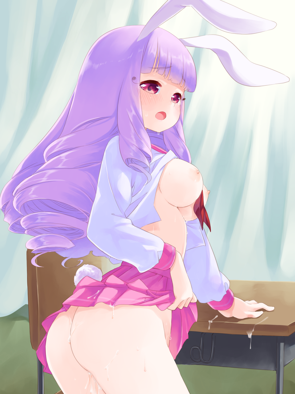 animal_ears ass breasts bunny bunny_ears bunny_girl bunny_tail censored chuchu_(show_by_rock!!) cum female long_hair looking_back pink_eyes pink_hair purple_hair pussy red_eyes show_by_rock!! small_breasts table tail takano_natsuki