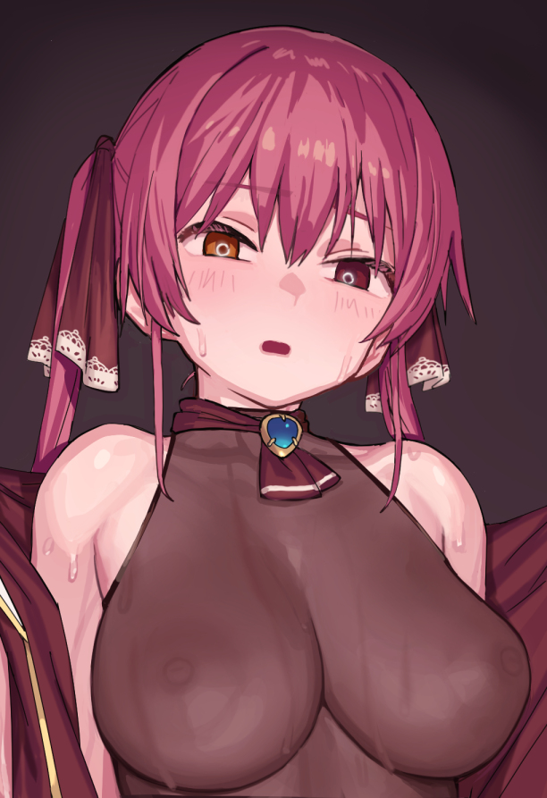 1girls, 2023, alternate version available, areola, areolae visible through clothing, bare shoulders, blush, breasts, cleavage, female, hair between eyes, heterochromia, hololive, hololive fantasy, hololive japan, houshou marine, large breasts, nipple bulge, nipples, nipples visible through clothing, open mouth, red eye, red hair, see-through, solo, sweat, sweatdrop, tenchisouha, upper body, virtual youtuber, yellow eye