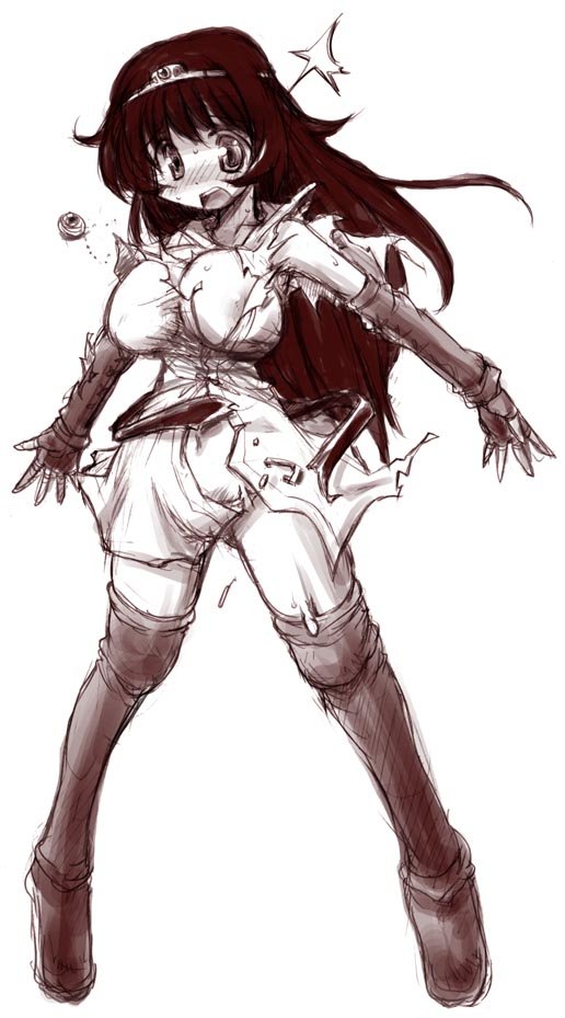 battle_damage blush brown_hair clothing druaga_no_tou female hirowa_nagi ki_(druaga) large_breasts long_hair monochrome solo stockings thigh_boots torn_clothes wardrobe_malfunction