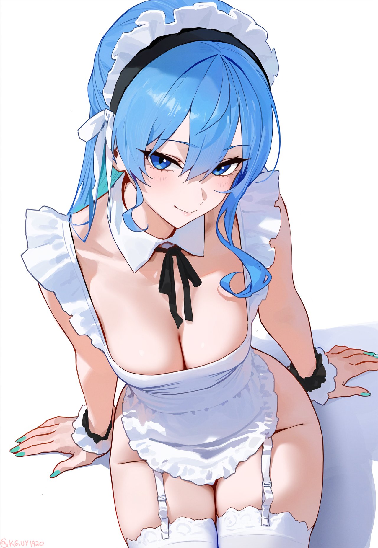 1girls, ai assisted, ai generated, alternate breast size, apron, apron only, bare thighs, blue eyes, blue hair, blue nails, blush, breasts, cleavage, detached collar, female, garter straps, hololive, hololive gen 0, hololive japan, hoshimachi suisei, kguy1920, legs together, looking at viewer, maid, maid apron, maid headdress, maid outfit, maid uniform, medium breasts, nail polish, naked apron, neckwear, painted nails, sitting, slim waist, stockings, tagme, teenage female, teenager, thick thighs, thighhighs, thighs, tied hair, viewed from above, virtual youtuber, wide hips, wrist cuffs