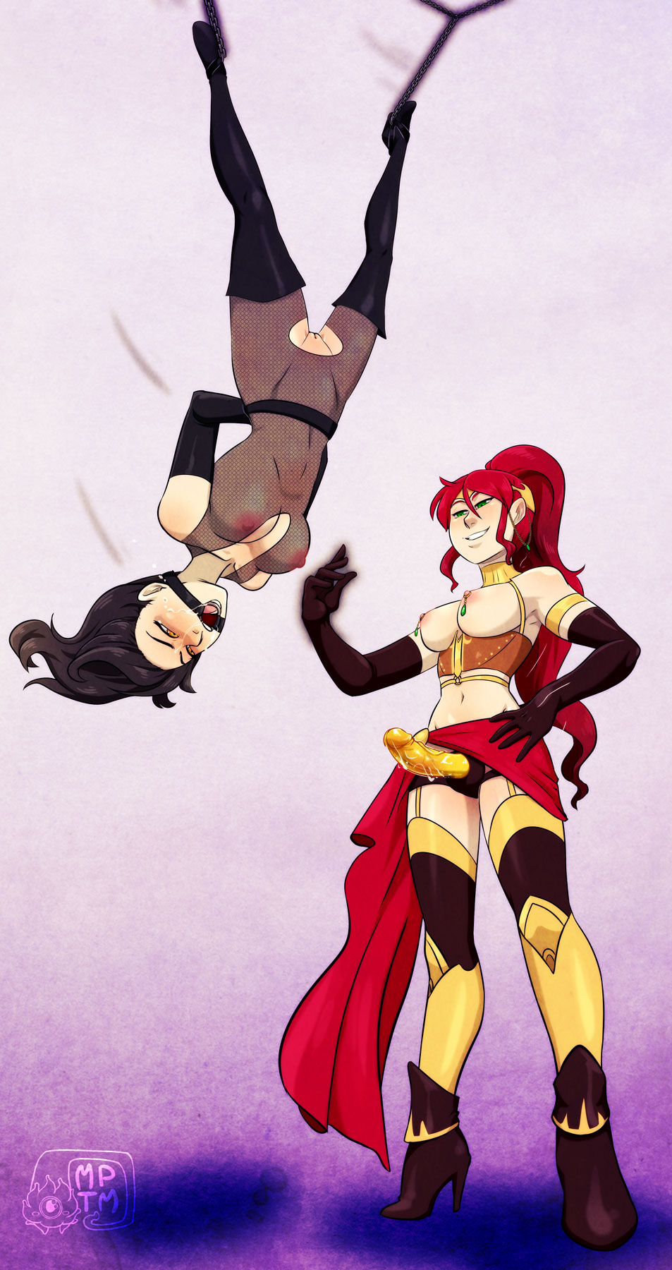 2girls, arms behind back, black hair, bodysuit, bondage, boots, breasts, breasts out, chains, cinder fall, elbow gloves, female, femdom, femsub, fishnets, gag, green eyes, high heel boots, high heels, lezdom, long hair, multiple females, multiple girls, my pet tentacle monster, nipples, open mouth gag, pussy, pyrrha nikos, red hair, ring gag, rwby, smile, strap-on, strapon, upside-down, yellow eyes, yuri
