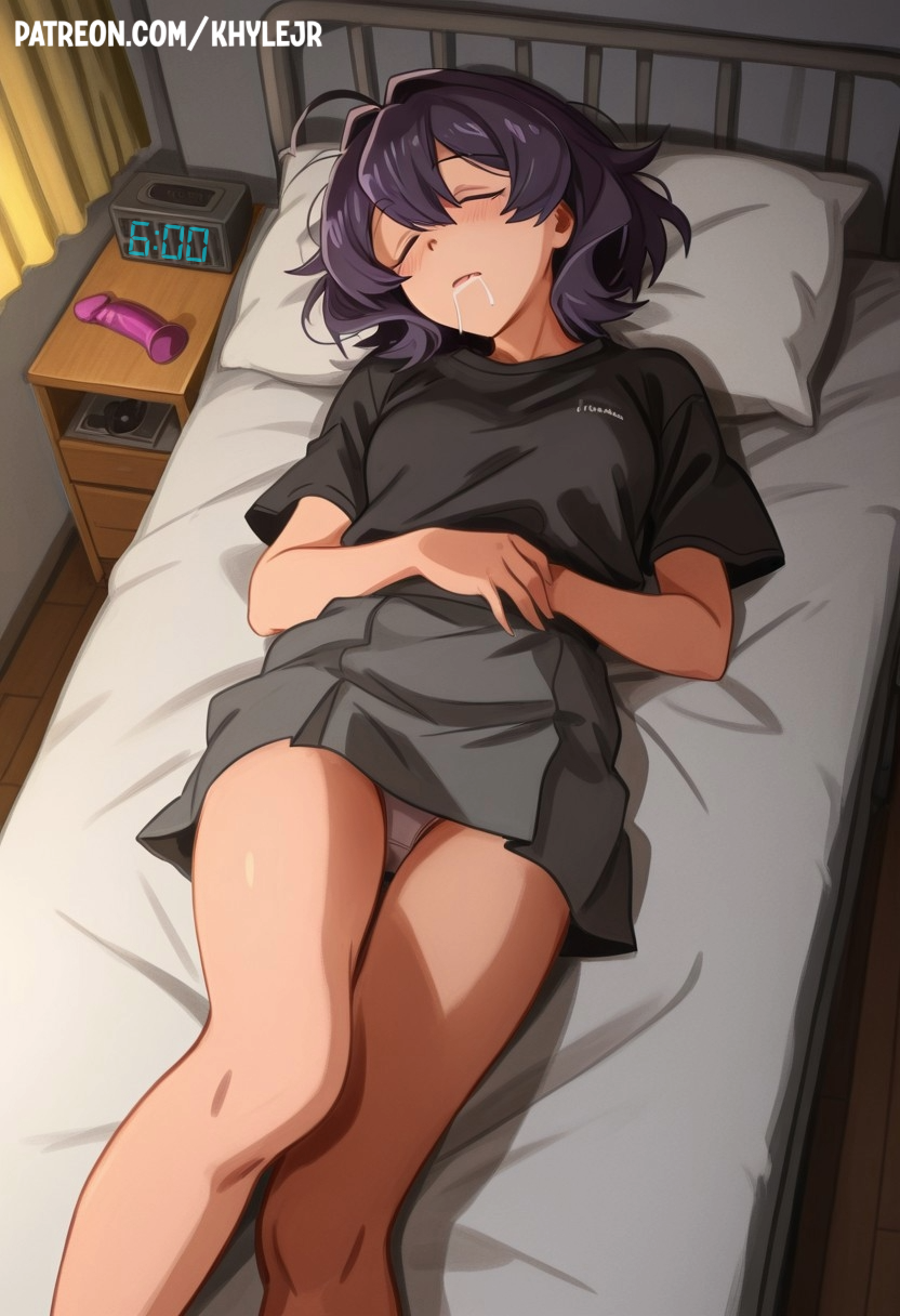 ai_generated dildo gushing_over_magical_girls hiiragi_utena khylejr mahou_shoujo_madoka_magica mahou_shoujo_ni_akogarete oversized_clothes panties pink_hair sleeping small_breasts tshirt