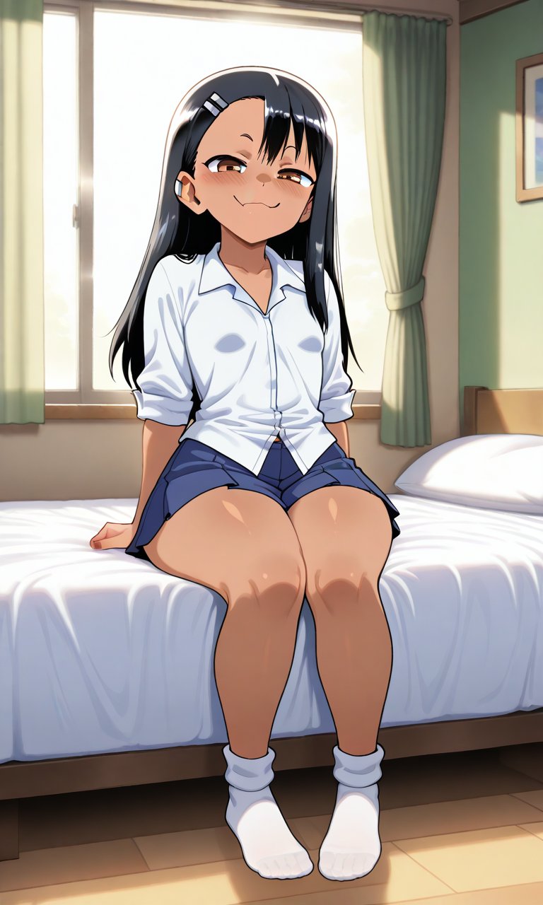 ai generated, anus, black hair, breasts, brown eyes, ear, female, hair ornament, hayase nagatoro, lay-oreo, long hair, looking back, please don't bully me, nagatoro, pussy, schoolgirl, schoolgirl uniform, sitting on bed, small breasts, socks, tagme, tan skin, tanline, teenage female, teenager, white socks