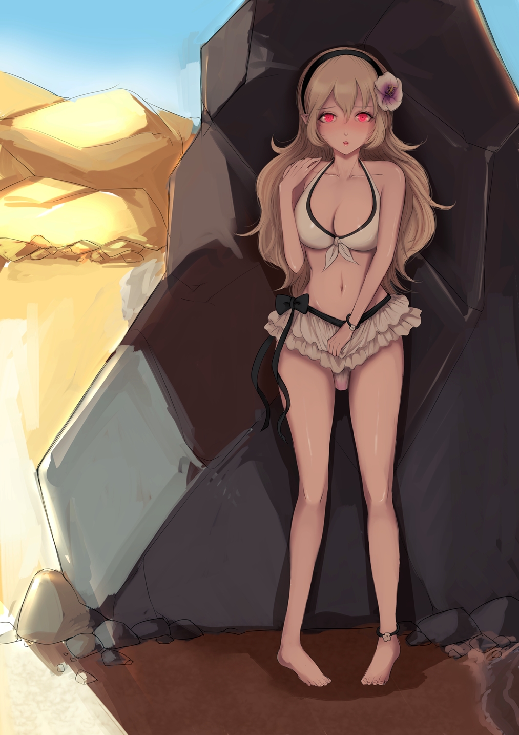 beach big_breasts bikini blonde_hair cleavage corrin_(fire_emblem) corrin_(fire_emblem)_(female) corrin_(summer)_(fire_emblem)_(female) covering covering_crotch dildo dildo_in_pussy fire_emblem fire_emblem_fates fire_emblem_heroes flower_in_hair hiding jtaka large_breasts long_hair looking_at_viewer manakete outdoors outside red_eyes seaside sex_toy swimsuit vibrator vibrator_in_pussy vibrator_under_panties white_bikini