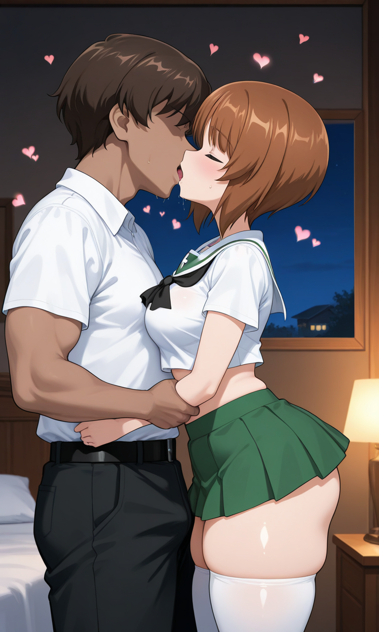 1boy ai_generated arms_around_partner bed bedroom blush brown_hair crop_top dark-skinned_male face_blush female floating_heart french_kiss french_kissing girls_und_panzer green_skirt indoors nishizumi_miho ooarai_school_uniform pixai school_uniform self_upload serafuku size_difference tagme taller_male thick_thighs thighhighs