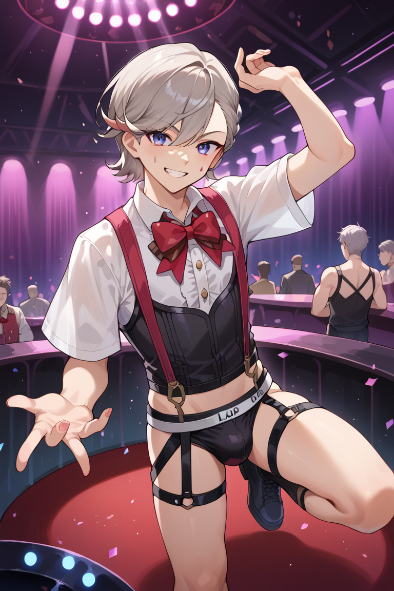 ai_generated boy dancing disco dynamic_pose genshin_impact glitter glowing indoors jockstrap low_light lyney_(genshin_impact) nightclub suspenders underwear