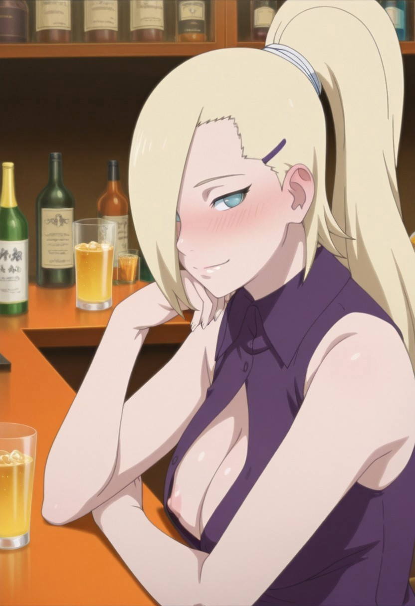 1girls arm_support bar bar_counter beer blue_eyes blush boruto:_naruto_next_generations bottle breast_focus breasts_out center_opening cleavage closed_mouth drink drunk female female_only flirting flirting_with_viewer glass hair_ornament hair_over_one_eye hairclip head_rest high_resolution indoors ino_yamanaka light_blue_eyes long_hair looking_at_viewer looking_to_the_side mature mature_female milf naruto naruto_(series) nipples no_bra no_bra_under_clothes one_breast_out open_clothes presenting presenting_breasts seducing seductive seductive_eyes seductive_look seductive_smile self_upload shirt side_view sideboob sitting skirt sleeveless sleeveless_shirt teasing teasing_viewer uncensored upper_body very_long_hair white_skin