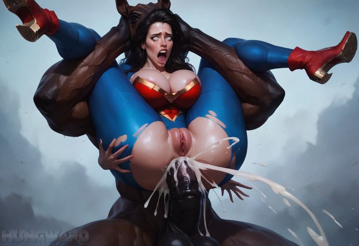 ai generated, anal sex, breasts, dark skin, dark-skinned male, defeated, defeated heroine, duo, ejaculation, female, heroine, horse, horsecock, hungward, male, penis, pussy, vagina, wonder woman