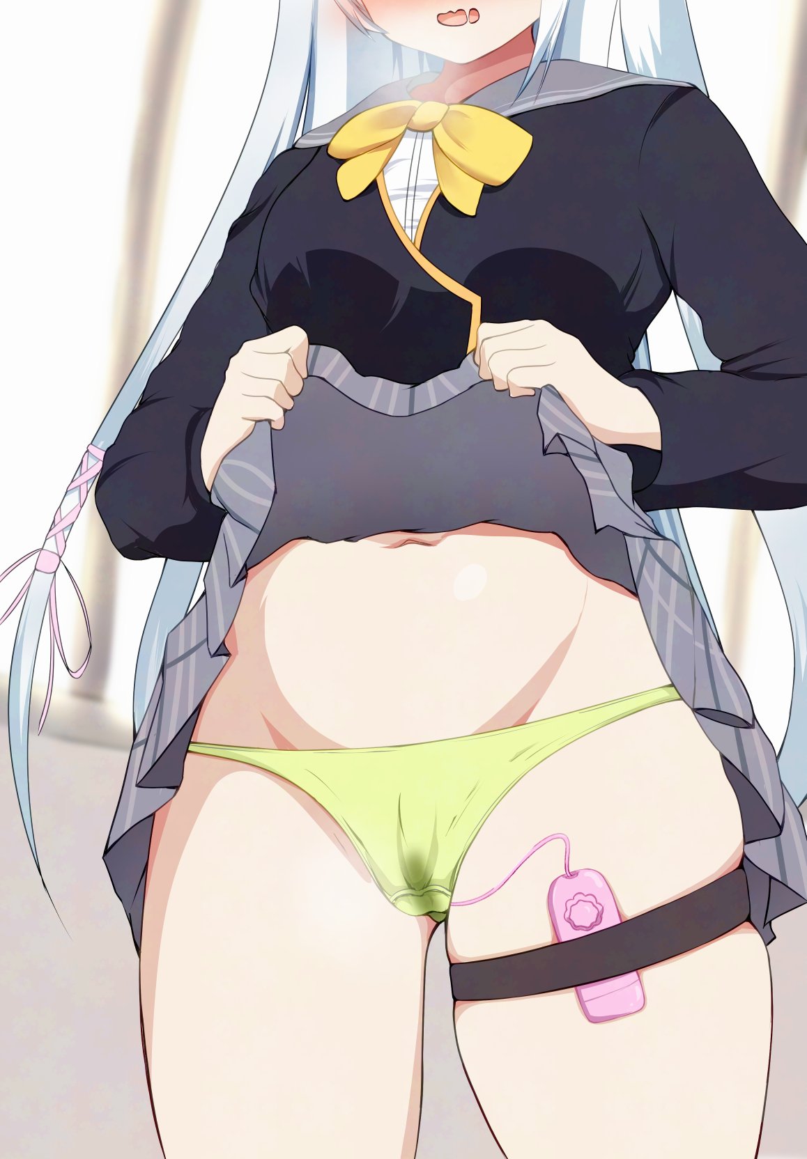 aroused ayachi_nene black_jacket blurry blurry_background blush bow bowtie cameltoe clothes_lift commentary cowboy_shot drooling female female_masturbation green_panties grey_hair grey_sailor_collar grey_skirt hair_ribbon heavy_breathing highres indoors jacket lifting_own_clothes long_hair long_sleeves masturbation miniskirt mouth_drool mrkms612 navel open_mouth panties pink_ribbon plaid_clothes plaid_skirt pleated_skirt public_indecency pussy_juice_stain ribbon sailor_collar sanoba_witch school_uniform serafuku sex_toy skindentation skirt skirt_lift solo straight_hair thigh_strap thighs underwear very_long_hair vibrator vibrator_cord vibrator_in_thigh_strap wavy_mouth yellow_bow yellow_bowtie