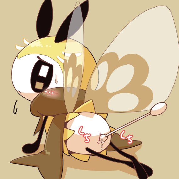 1girls, antennae, black eyes, black skin, cotton swab, crepix, fairy, feet, female, furry, insertion, looking back, nintendo, pokemon, pokemon sm, pussy, pussy juice, ribombee, scar, solo, sweat, text, uncensored, wet, white fur, wings