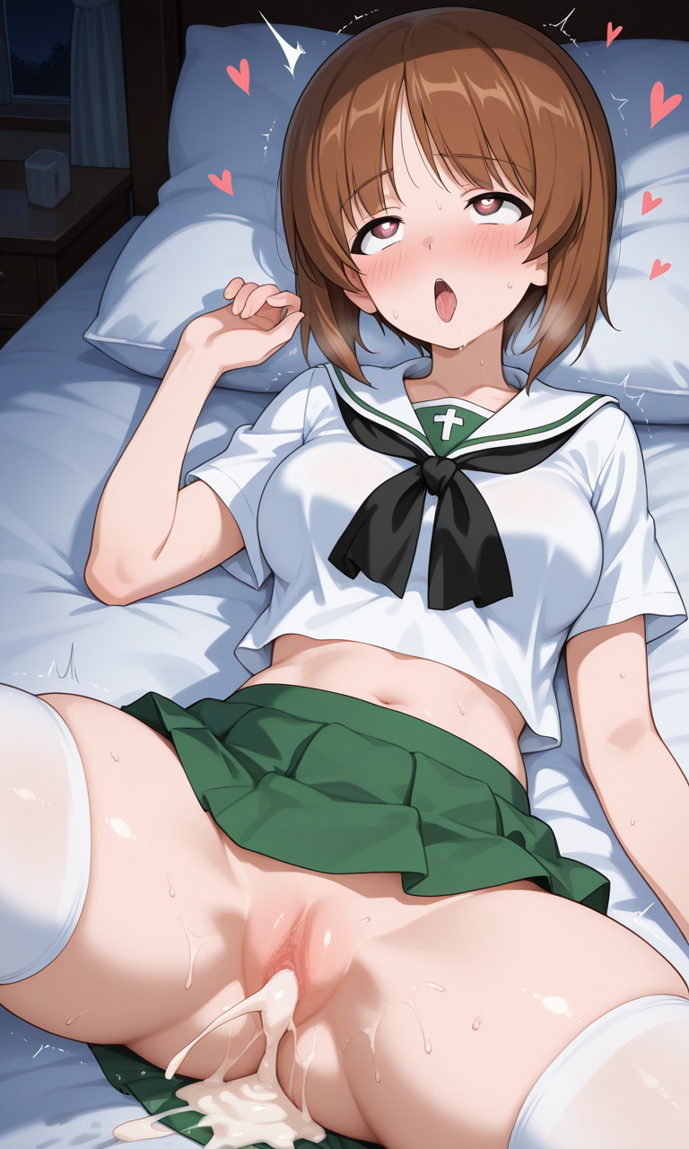 1boy after_sex after_vaginal ai_generated bed bedroom blush brown_hair crop_top cum cum_in_pussy cum_inside face_blush female floating_heart girls_und_panzer green_skirt heart-shaped_pupils large_penis midriff motion_lines night nishizumi_miho no_panties on_back ooarai_school_uniform pixai school_uniform self_upload serafuku sex skirt solo spread_legs tagme thick_thighs thighhighs tongue tongue_out