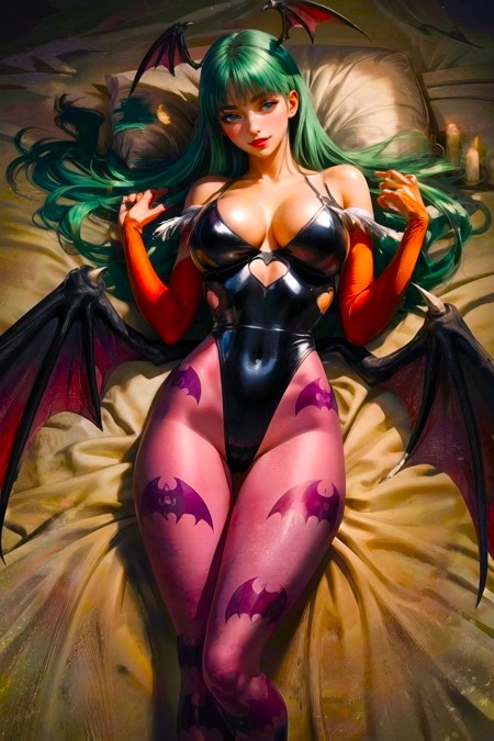 ai_generated babe bangs bat bat_wings beautiful bed bed_sheet bridal_gauntlets busty candle candlelight capcom curvy_female darkstalkers demon demon_girl divine_beauty fighting_game gauntlets goth gothic_fashion green_hair happy_valentine imminent_sex inviting_to_sex large_breasts lipstick looking_at_viewer morrigan_aensland night off_shoulder pillow seductive seductive_eyes succubus toongenai valentine's_day video_game_franchise video_games wings