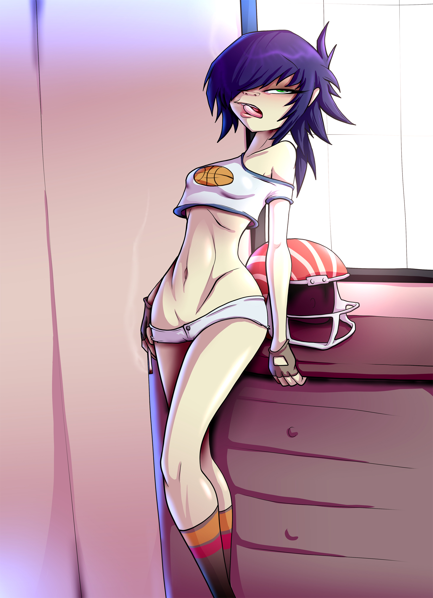 1girls, 2016, asian, asian female, belly, black hair, breasts, cicada, cigarette, clothed, clothing, eyeshadow, female, female only, female torso, footwear, gorillaz, green eyes, hair over one eye, handwear, helmet, hourglass figure, human, legwear, light skin, light-skinned female, lipstick, looking at viewer, lowleg, makeup, midriff, navel, noodle (dare), noodle (gorillaz), pale skin, short shorts, skimpy, small breasts, smoke, smoking, socks, solo, sportswear, tongue, tongue out