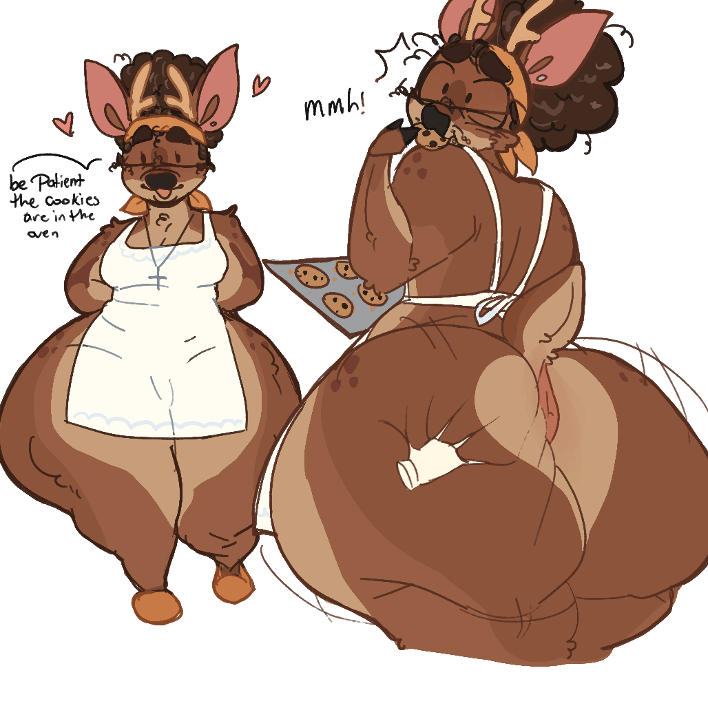 anthro antlers anus apron ass_focus ass_grab ass_spread baking belly big_ass big_butt carmen_(lopsalien) cookie deer dialogue dilf fat_ass femboy feminine_male floating_hands heart loving_look male mammal nude oc older_male original_character putting_clothes_on slippers solo surprised text thick_thighs wide_hips