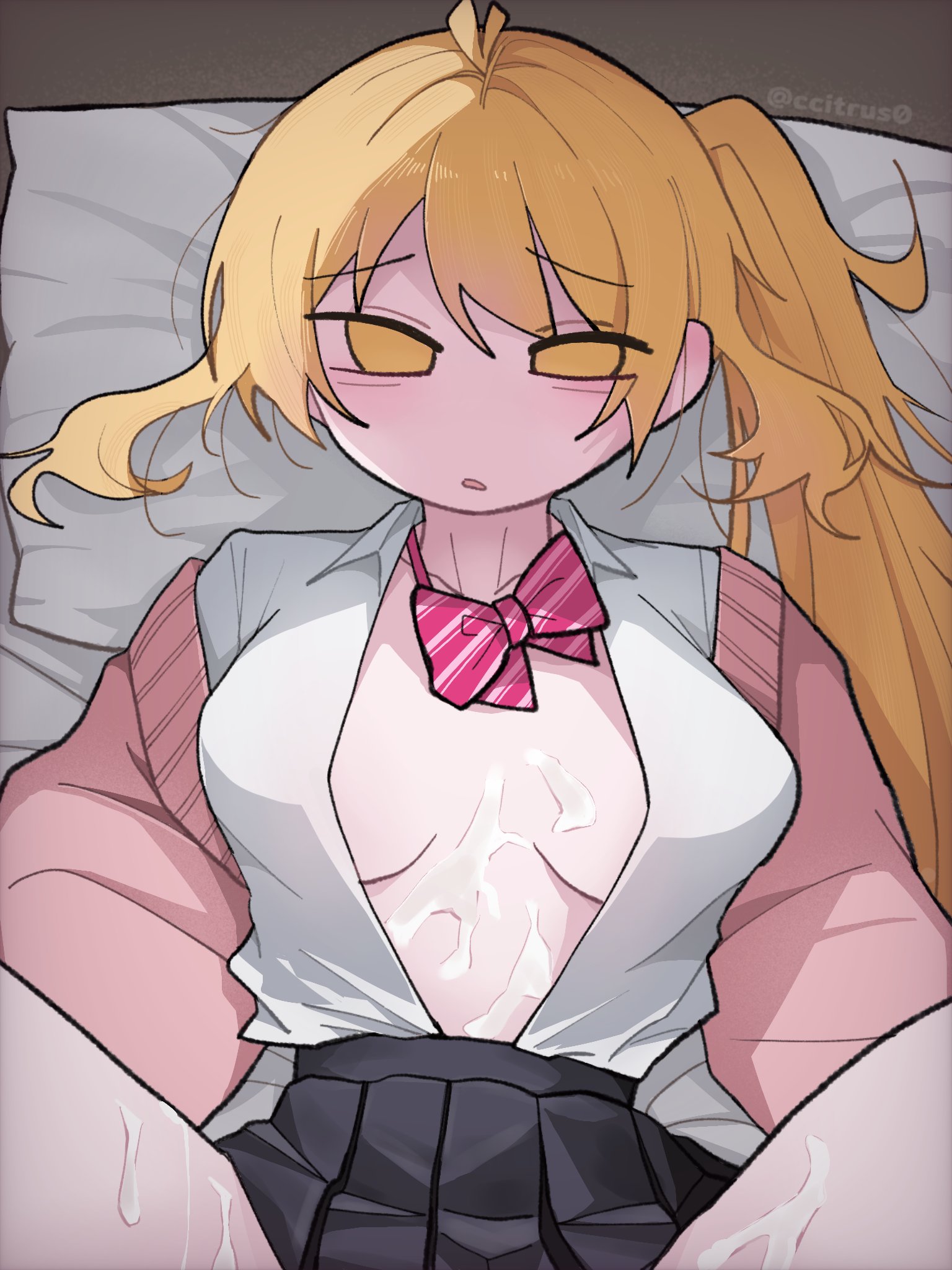 1girls, akita neru, blonde hair, ccitrus0, color, cum, cum on breasts, fanloid, female, female focus, female only, genitals, looking at viewer, mv character, on back, on bed, open, open clothes, open mouth, school uniform, skirt, spread legs, tired, twitter link, vocaloid, yellow body, yellow eyes, zaako (vocaloid)