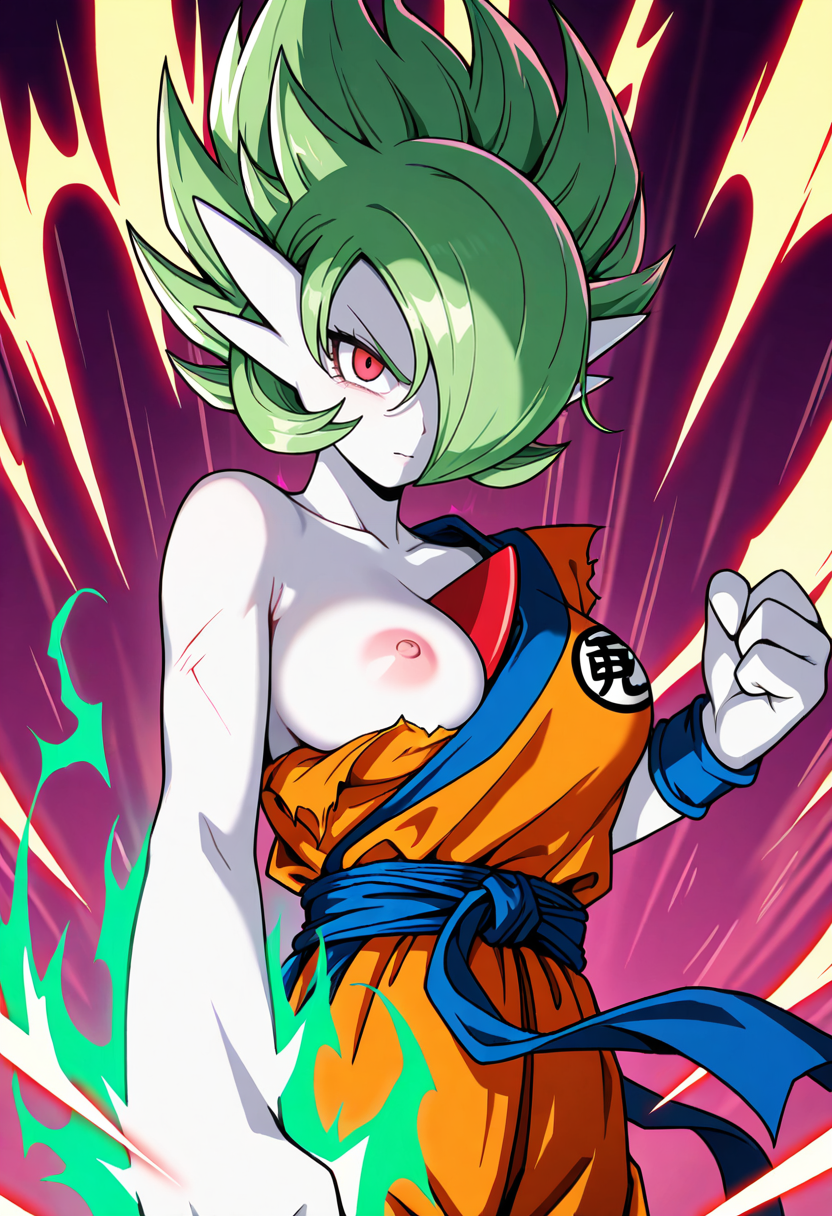 ai_generated angry bruised damaged_clothes fist fusion gardevoir generation_3_pokemon green_hair hybrid nipple one_breast_out pokemon pokemon_(species) red_eyes self_upload son_goku stable_diffusion super_saiyan white_skin