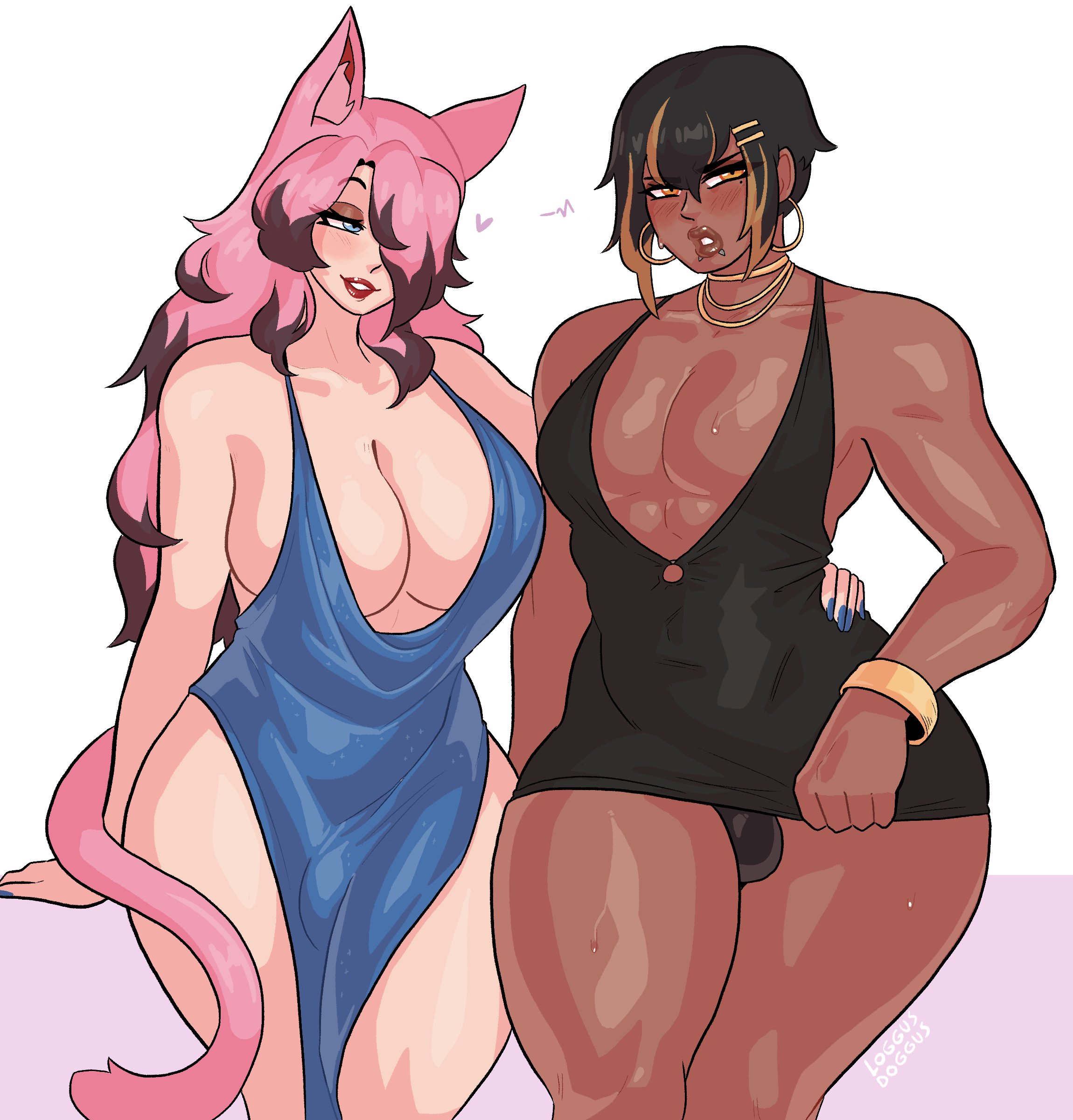1boy, 1futa, ambush (trap), big breasts, black dress, black hair, blue dress, blue eyes, blue nail polish, blush, bracelet, breasts, brown highlights, bulge, cat ears, cat girl, cat tail, catgirl, cleavage, dark skin, dark-skinned femboy, dark-skinned male, dress, earrings, elegant, elegant dress, female, femboy, feminine male, final fantasy, final fantasy xiv, futa with male, futanari, girly, hair over one eye, hairclip, hand on another's hip, hi res, intersex, jewelry, lip piercing, loggus doggus, long hair, looking at partner, looking at viewer, male, miqo'te, mole, mole under eye, narrowed eyes, necklace, orange eyes, orange highlights, penis, penis bulge, pink hair, red lipstick, sideboob, smile, tail, thick thighs, white background, wide hips, zephyr winds