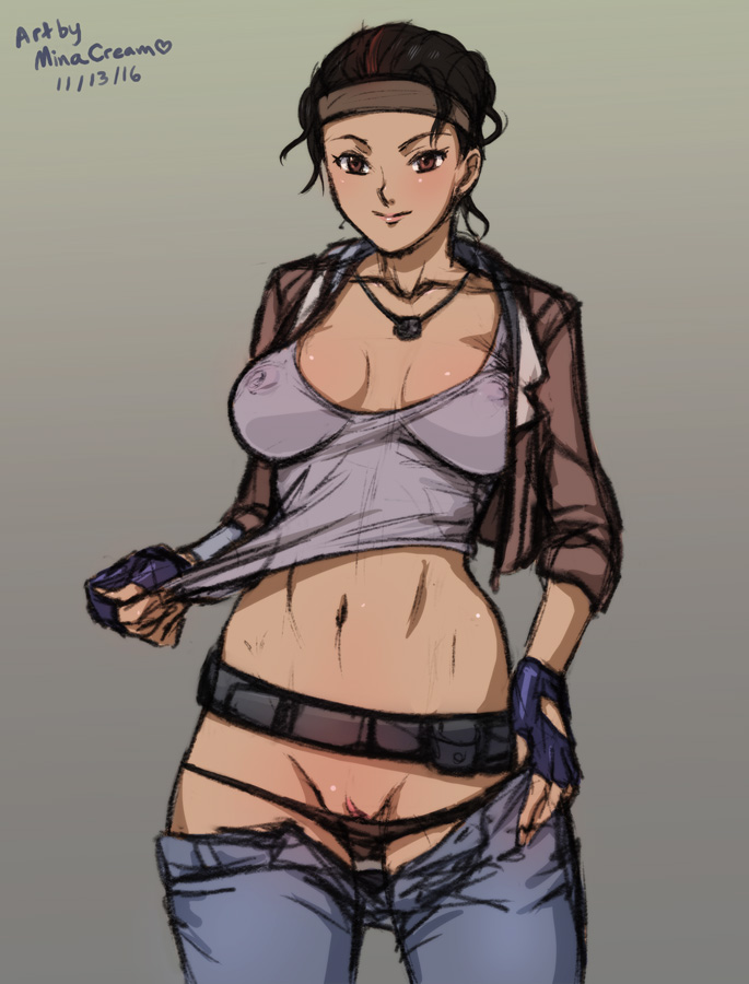 1girls, 2d, alyx vance, areolae, beautiful woman, belt, breasts, brown eyes, brown hair, cleavage, dark skin, dark-skinned female, female, female only, gloves, half-life (series), half-life 2, headband, human, human female, human only, jacket, jeans, looking at viewer, minacream, necklace, nipples, panties, pussy, solo, tank top, undressing, valve corporation
