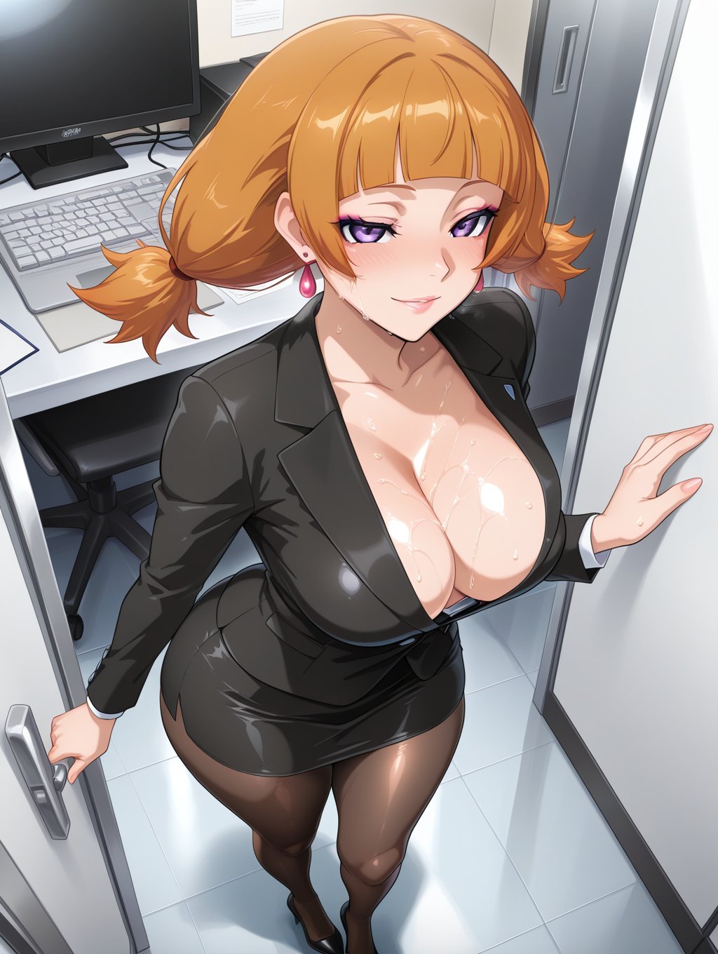 1girls after_sex ai_generated alternate_breast_size alternate_costume artcalypse big_breasts blazer blunt_bangs boruto:_naruto_next_generations boruto:_two_blue_vortex breasts business_suit business_woman child_bearing_hips cleavage cleavage_overflow computer desk door earrings female female_only formal formal_clothes full_body heels high_heels high_resolution huge_breasts implied_sex indoors jacket kazamatsuri_moegi looking_at_viewer monitor naruto naruto_(series) no_bra office office_lady open_door orange_hair pants pantyhose pencil_skirt pinup purple_eyes revealing_clothes sexually_suggestive skirt solo suggestive suggestive_fluid suggestive_look sweat sweatdrop sweating twintails walk-in wide_hips