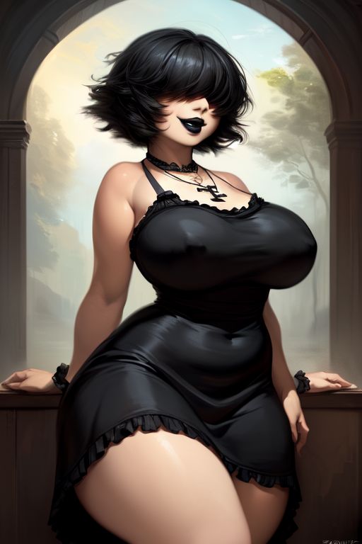 ai_generated bangs bangs_over_eyes black_dress black_hair black_lipstick chubby frilled_dress goth goth_girl hair_over_eyes huge_ass huge_breasts josie_(euclidbeing) massive_breasts massive_thighs nipple_bulge nipple_outline nipple_piercing nipples_visible_through_clothing original_character short_hair smiling smiling_at_viewer spaghetti_strap sundress thick_thighs