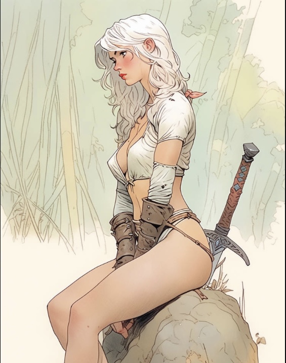 ai_generated breasts ciri drawing nhoeskape skinny sword the_witcher_(series) the_witcher_3:_wild_hunt tits white_hair