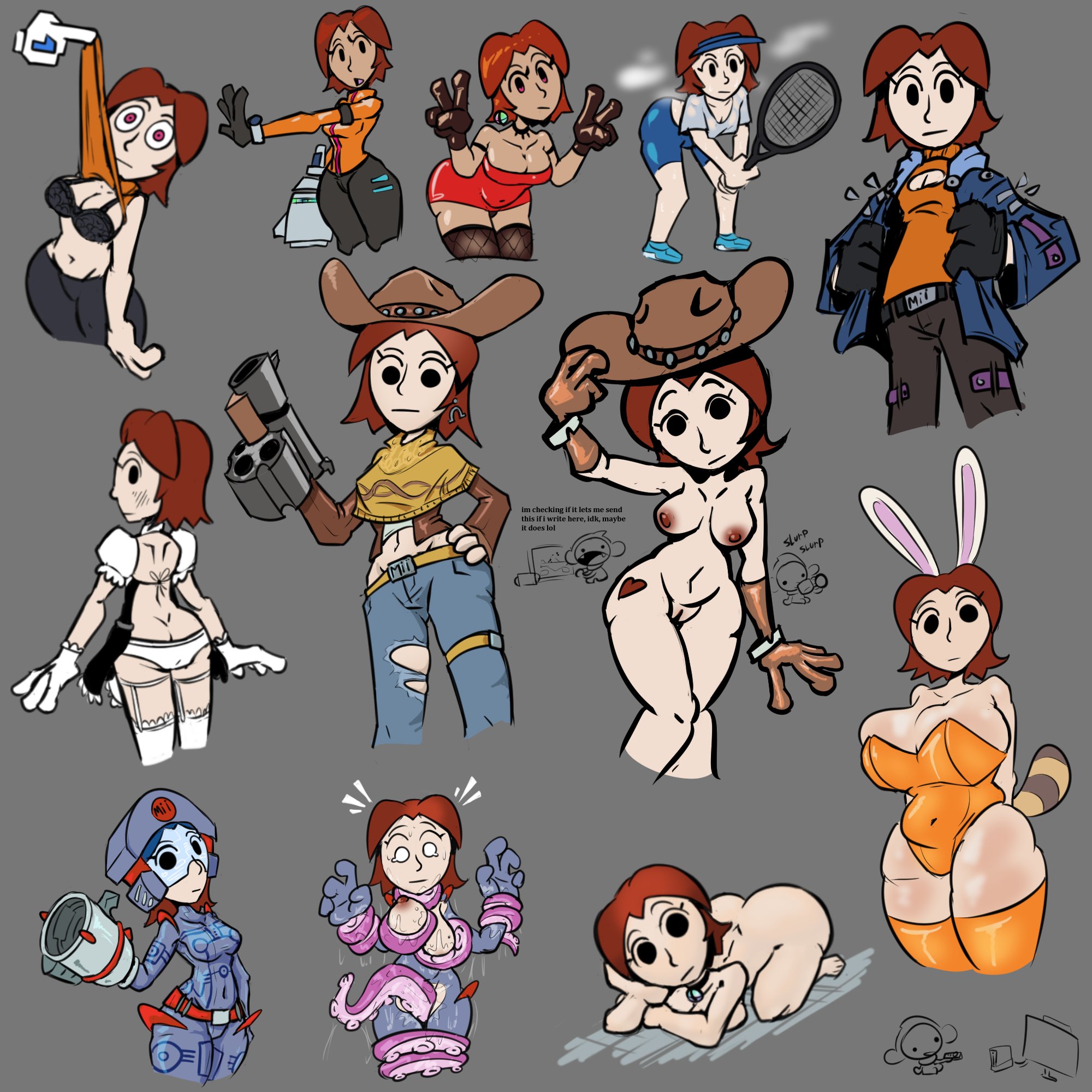 algob4v, arm cannon, barely clothed, big breasts, black bra, black gloves, black pants, blue outfit, blue shorts, bra, breasts, brown gloves, brown hair, bunny ears, bunnysuit, clothed, colored, cowboy hat, disembodied hand, dress, earrings, female, fishnets, fully clothed, fully naked, fully nude, gloves, grey background, heart tattoo, highres, jacket, light skin, looking at viewer, looking down, maid outfit, mii, mii gunner, mii gunner (smash 4), mob face, nintendo, orange shirt, pants, peace sign, rabbit ears, red belt, red dress, shirt, shirt lift, shocked, shorts, simple background, sketch page, solid color background, steam, super smash bros., sweat, tagme, tan skin, tanooki tail, tattoo, tennis racket, tennis uniform, tentacle, tentacles around legs, tentacles around wrists, thigh highs, thighhighs, tipping hat, white shirt