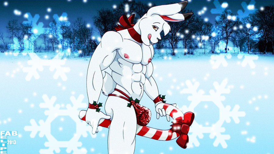 2013 5_fingers abs anthro biped black_nose black_tipped_ears bow_ribbon buckteeth bulge candy candy_cane christmas clothing dessert digital_drawing_(artwork) digital_media_(artwork) eyebrows fabfelipe fingers food fur hair hare holding_candy holding_candy_cane holding_food holding_object holidays holly_(plant) lagomorph leporid looking_at_viewer male mammal muscular muscular_anthro muscular_male navel nipples pink_nipples pink_tongue plant rabbit red_bow red_bow_ribbon red_clothing red_ribbon red_thong red_underwear scut_tail short_tail solo sparkles sparkling_clothing standing tail teeth thong tongue tongue_out underwear white_body white_fur white_hair