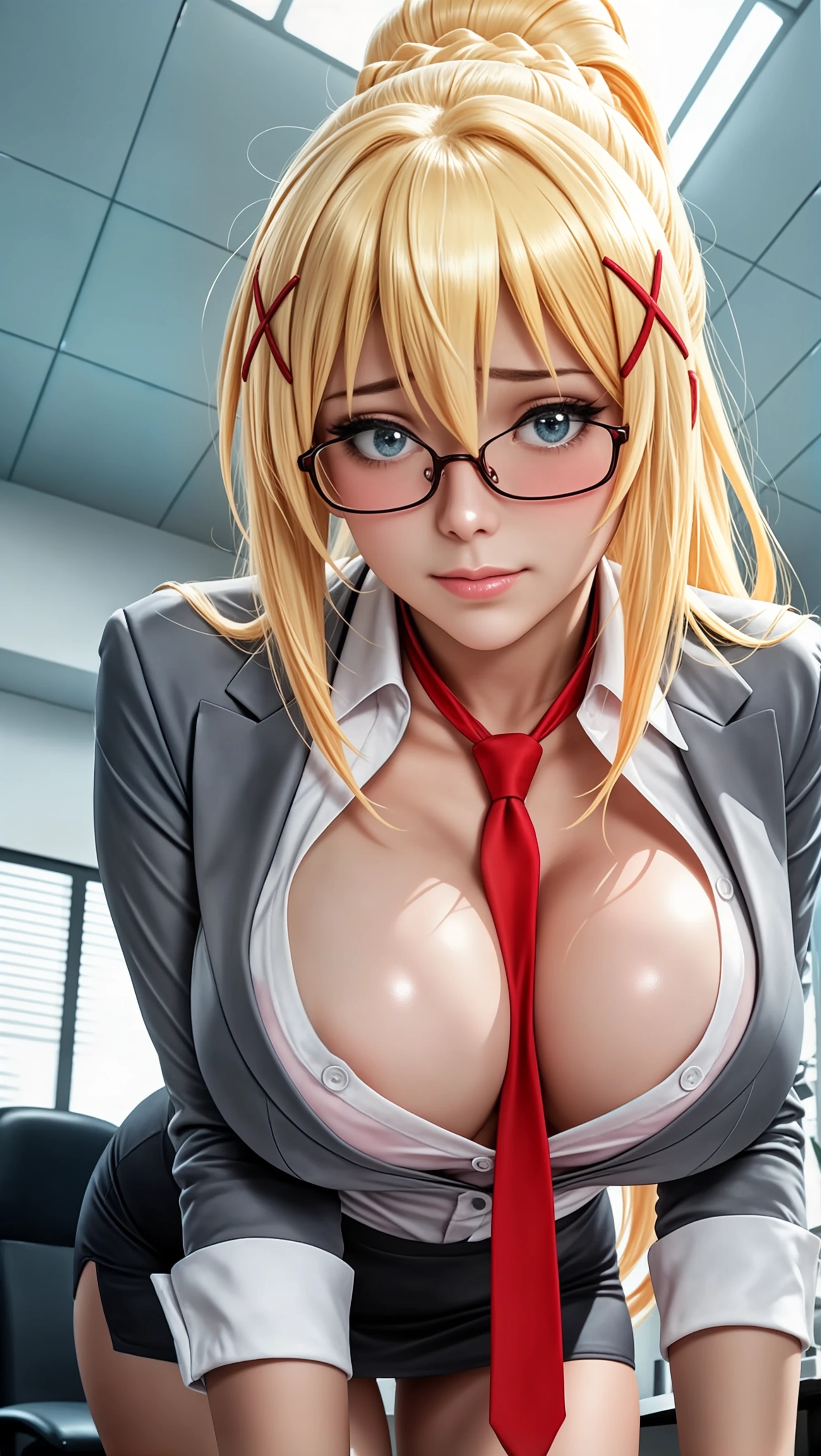 ai generated, bent over, big breasts, breasts, cleavage, darkness (konosuba), fake breasts, female, female focus, female only, glasses, huge breasts, kono subarashii sekai ni shukufuku wo!, large breasts, miniskirt, necktie, nervous, nervous face, nervous smile, office, office clothing, office lady, sky4maleja, thighhighs