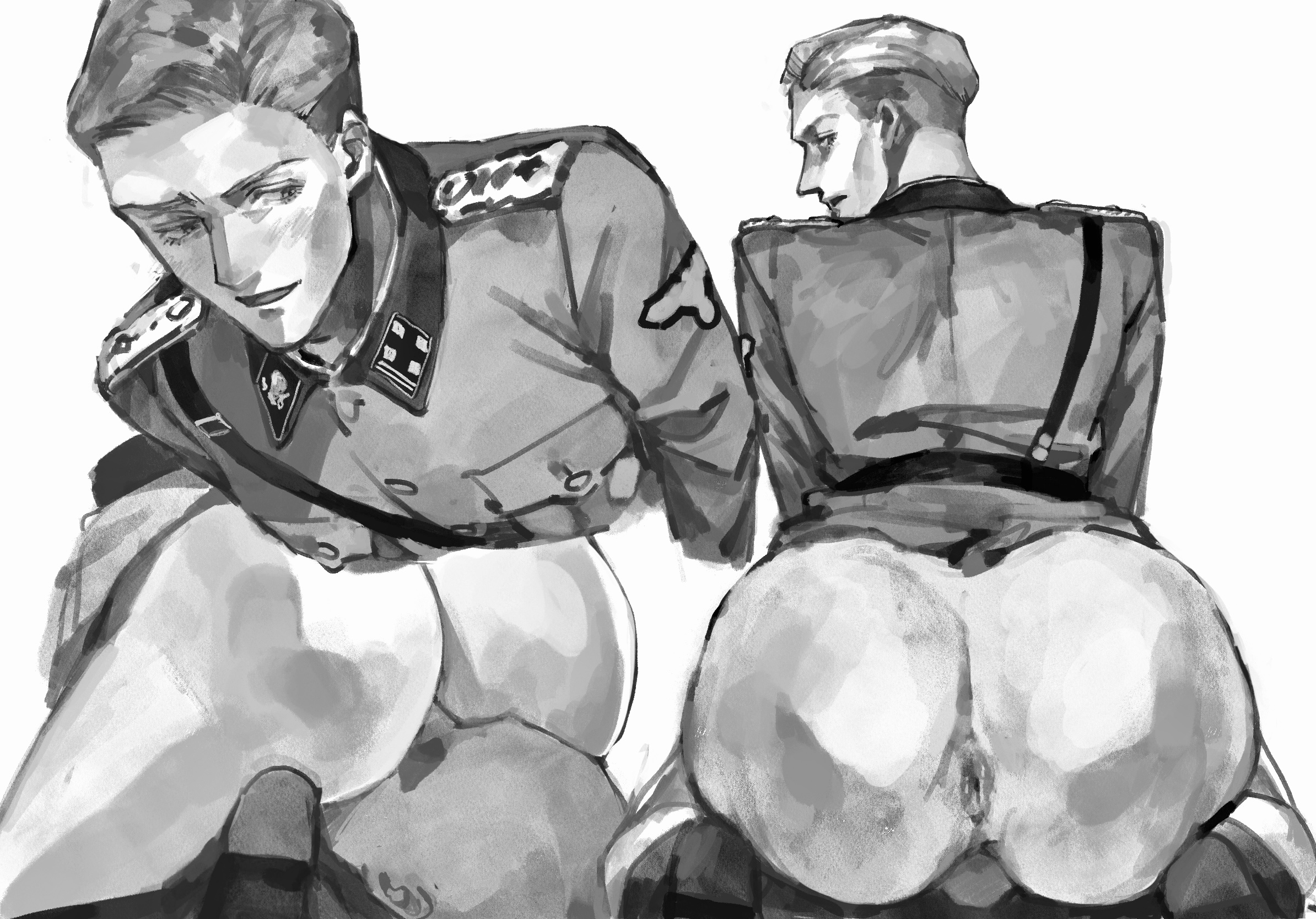 altn 0721, anus, aryan, ass, asshole, balls, bare ass, big ass, blonde hair, blue eyes, bottomless, bubble ass, bubble butt, caucasian, caucasian male, digital media (artwork), dominant, dominant male, faceless male, facesitting, fat ass, gay, gay sex, light skin, light-skinned male, male, male only, male/male, monochrome, nazi, nazi uniform, pantless, partially clothed, rear view, reichsadler, schutzstaffel, soldier, soldier uniform, thick ass, twink, uniform, waffen-ss, world war 2, yaoi