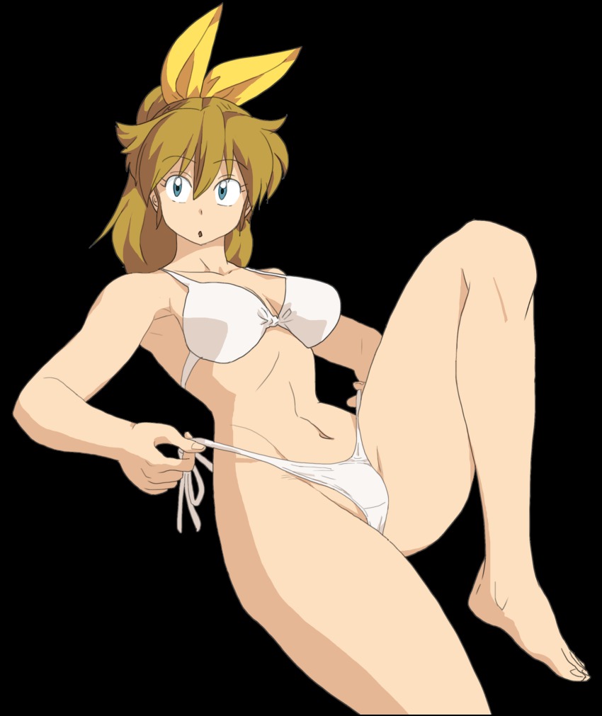 adjusting_clothes bikini blue_eyes bow breasts brown_hair cleavage crotch_seam female female_focus hairbow highres long_hair m.u.g.e.n mugen_ryuko navel oggy_(oggyoggy) original partially_visible_vulva ponytail ribbon ryuko_(oggyoggy) side-tie_bikini_bottom solo string_bikini swimsuit tagme transparent_background white_bikini