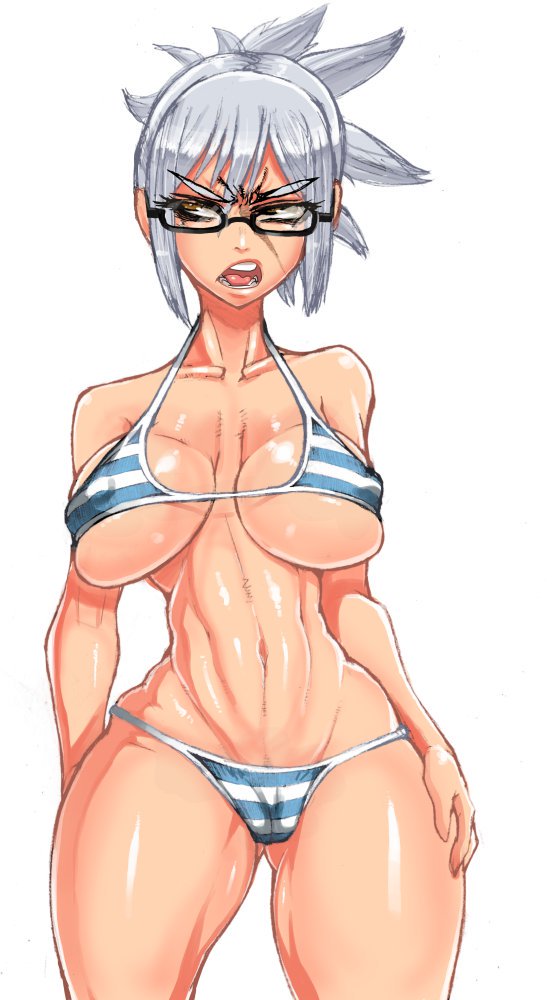 angry, bikini, breasts, cameltoe, female, glasses, hips, looking away, minami aomori, pussy, shimapan, tagme, thighs, white hair