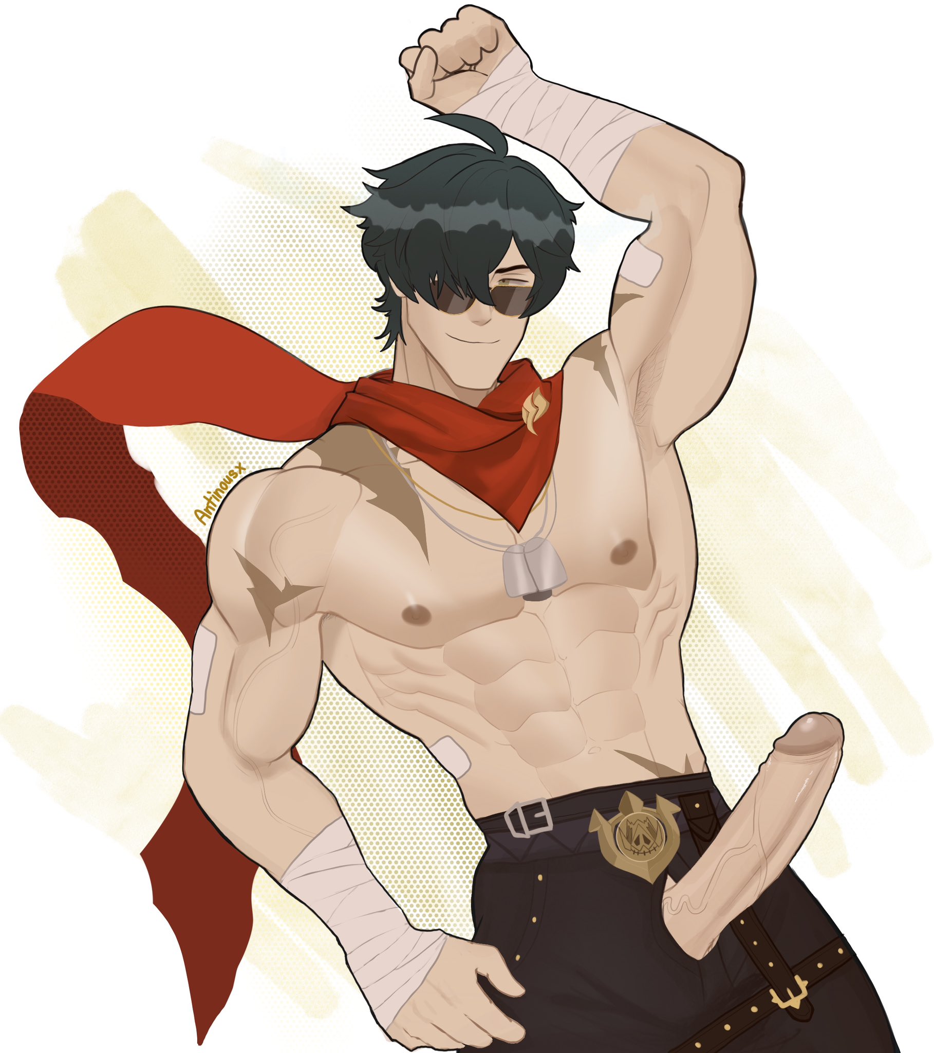 1boy, abs, bandage, erect penis, erection, lighter (zenless zone zero), male, male only, muscular, muscular male, nipples, pants, penis, penis out, scars, sekima smut, shirtless, shirtless male, solo, solo male, veiny penis, zenless zone zero