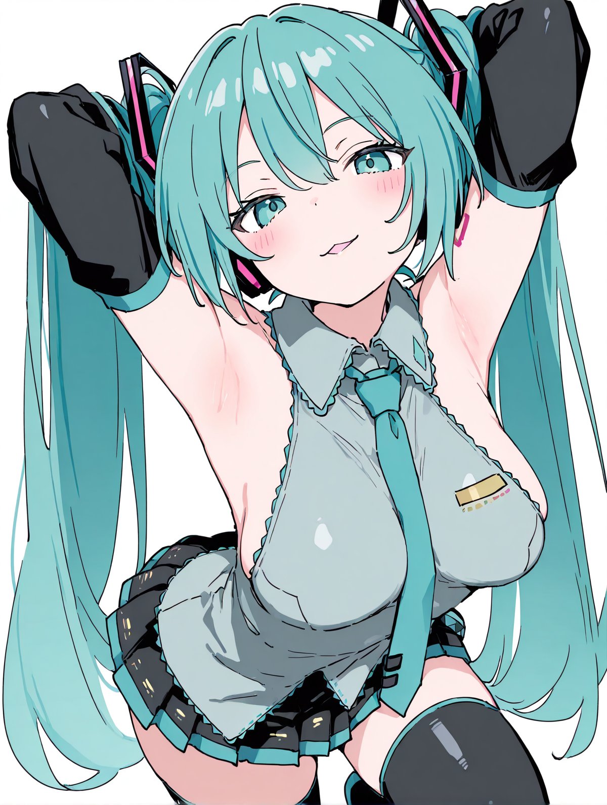 1girl, 1girls, 2d, 2d (artwork), aqua eyes, aqua hair, armpit, armpit crease, armpit fetish, armpits, arms behind head, arms up, artist request, big breasts, black skirt, black thighhighs, blue hair, blush, breasts, detached sleeves, female, hatsune miku, large breasts, long hair, looking at viewer, necktie, pleated skirt, shirt, sideboob, simple background, skirt, sleeveless, smile, solo, thick thighs, thighhighs, thighs, twintails, very long hair, white background, zettai ryouiki