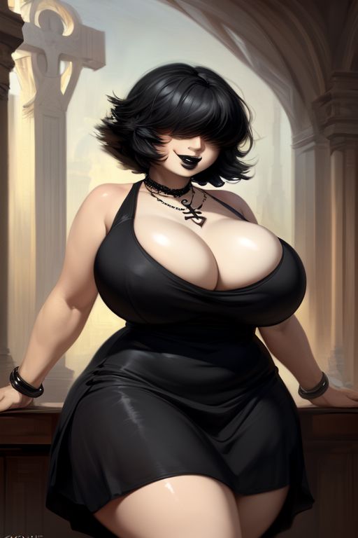 ai_generated bangs bangs_over_eyes black_dress black_hair black_lipstick breasts_bursting_out bursting_breasts chubby dress goth goth_girl hair_over_eyes huge_ass huge_breasts josie_(euclidbeing) massive_breasts massive_thighs original_character short_hair smiling smiling_at_viewer thick_thighs