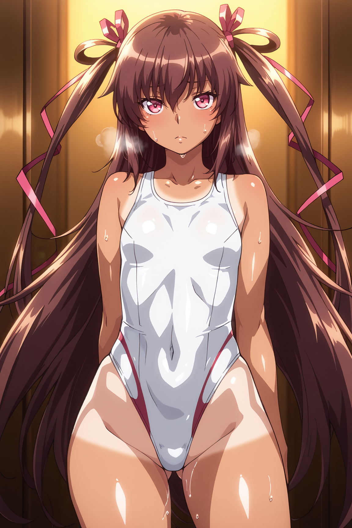 ai assisted, ai generated, armpits, arms behind head, arms up, ass, ass up, asshole, breasts, female, female only, long hair, looking at viewer, maid, maid apron, maid uniform, mirageart, mizuki yukikaze, pink eyes, pov, pussy, pussy juice, small breasts, smile, solo, solo female, solo focus, sweat, sweating, swimsuit, taimanin (series), taimanin rpgx, taimanin yukikaze, tan body, tan lines, very long hair