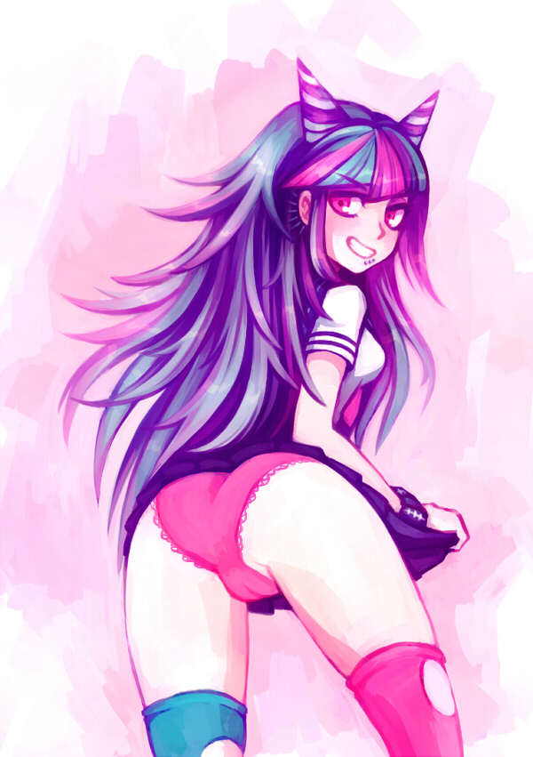 1girls 2014 ass back_view black_hair blue_hair danganronpa danganronpa_2:_goodbye_despair female female_focus female_only long_hair mioda_ibuki multicolored_hair panties pierced_ears piercing piercings pink_eyes pink_hair pussy_visible_through_panties ripped_stockings rock sailor_uniform showing_off skirt skirt_up stellar-graveyard stockings super_danganronpa_2 white_hair