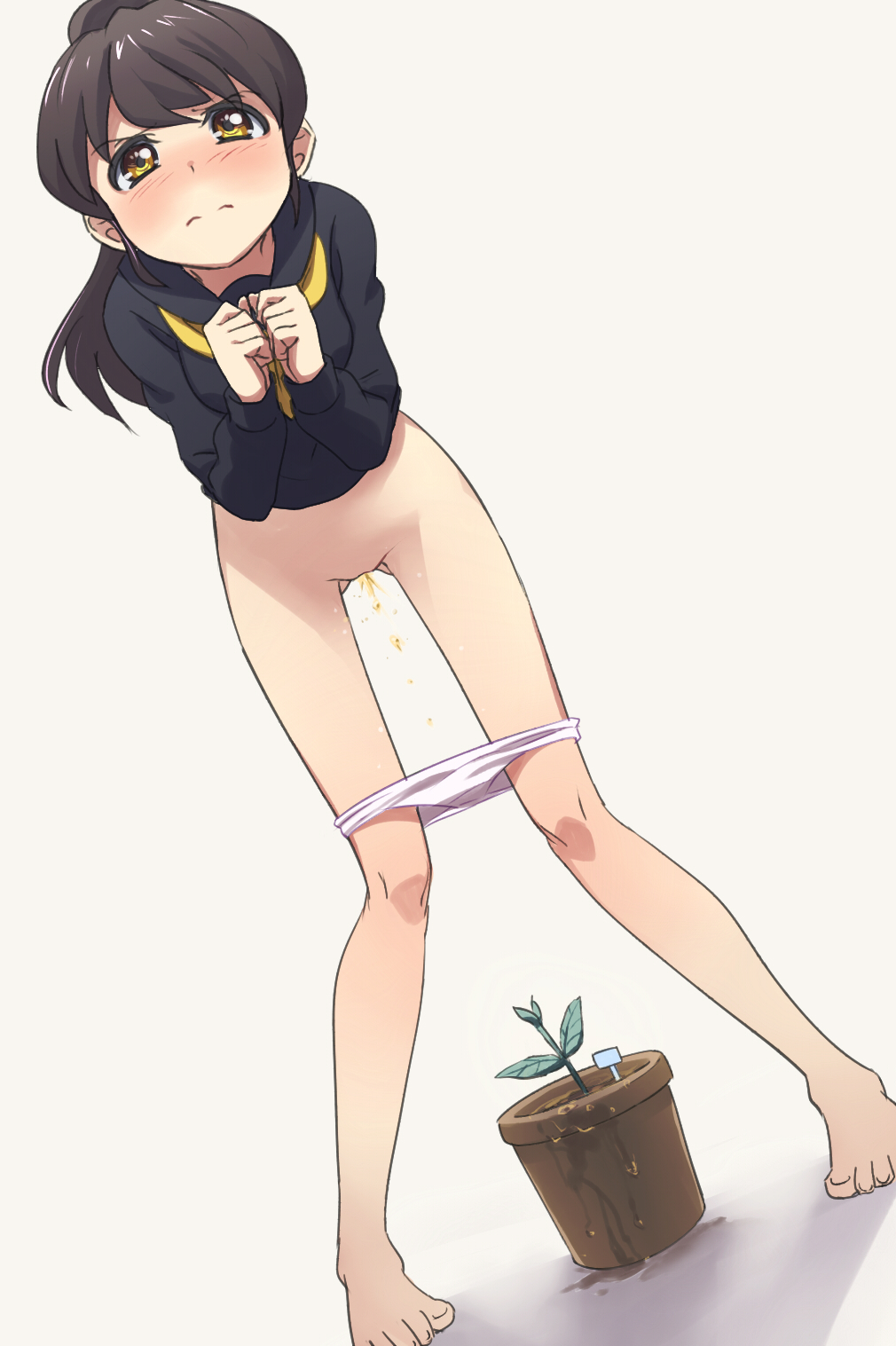 barefoot blush bottomless brown_hair dutch_angle female full_body hayyan highres knees_together_feet_apart long_sleeves original panties panty_pull peeing plant ponytail potted_plant school_uniform simple_background solo standing tied_hair underwear white_background white_panties yellow_eyes