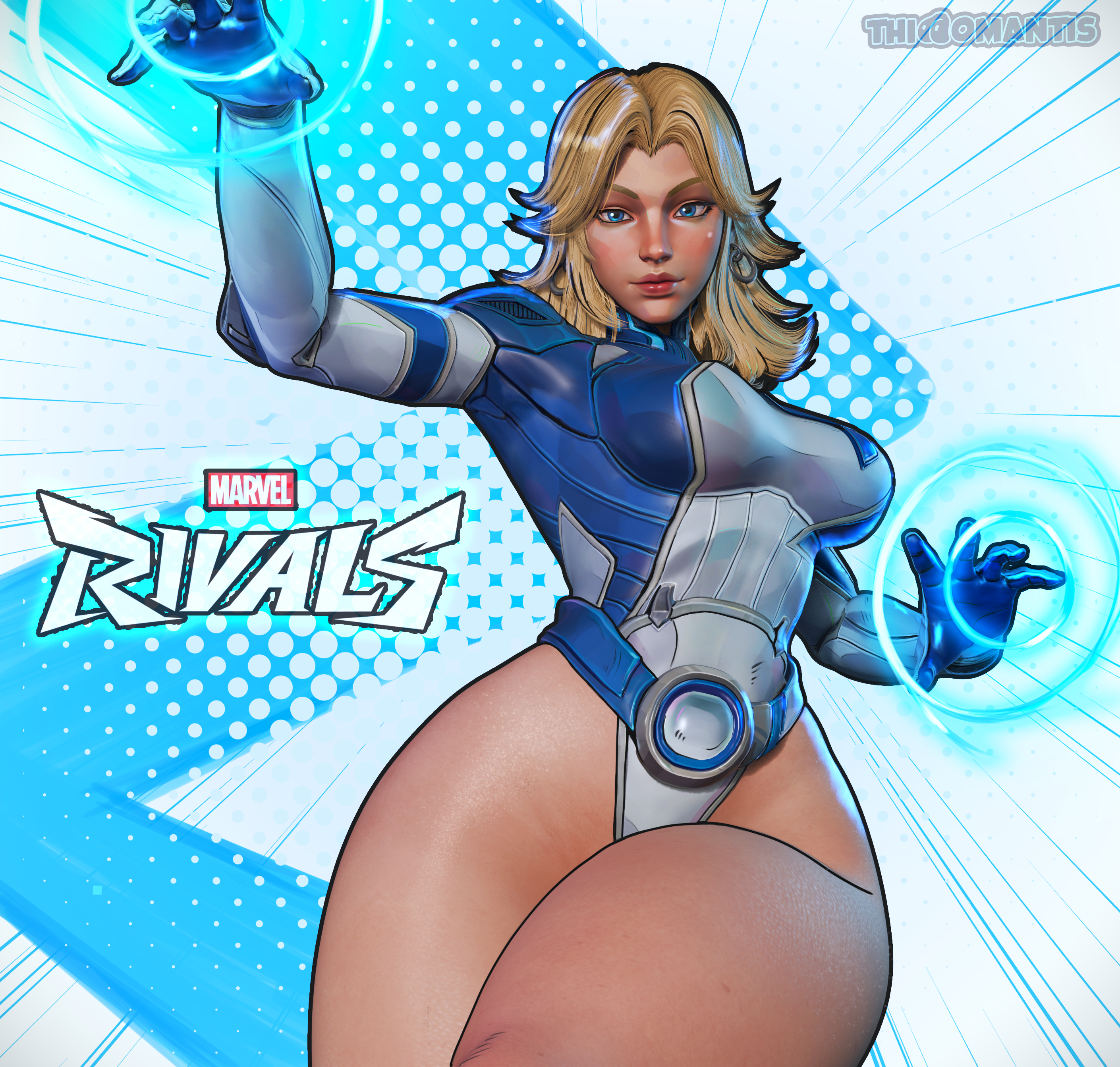 3d, belt, big breasts, big thighs, blonde female, blonde hair, blue eyes, breasts, female, invisible woman, invisible woman (marvel rivals), marvel, marvel comics, marvel rivals, sue storm, thiccomantis, thick hips, thick thighs